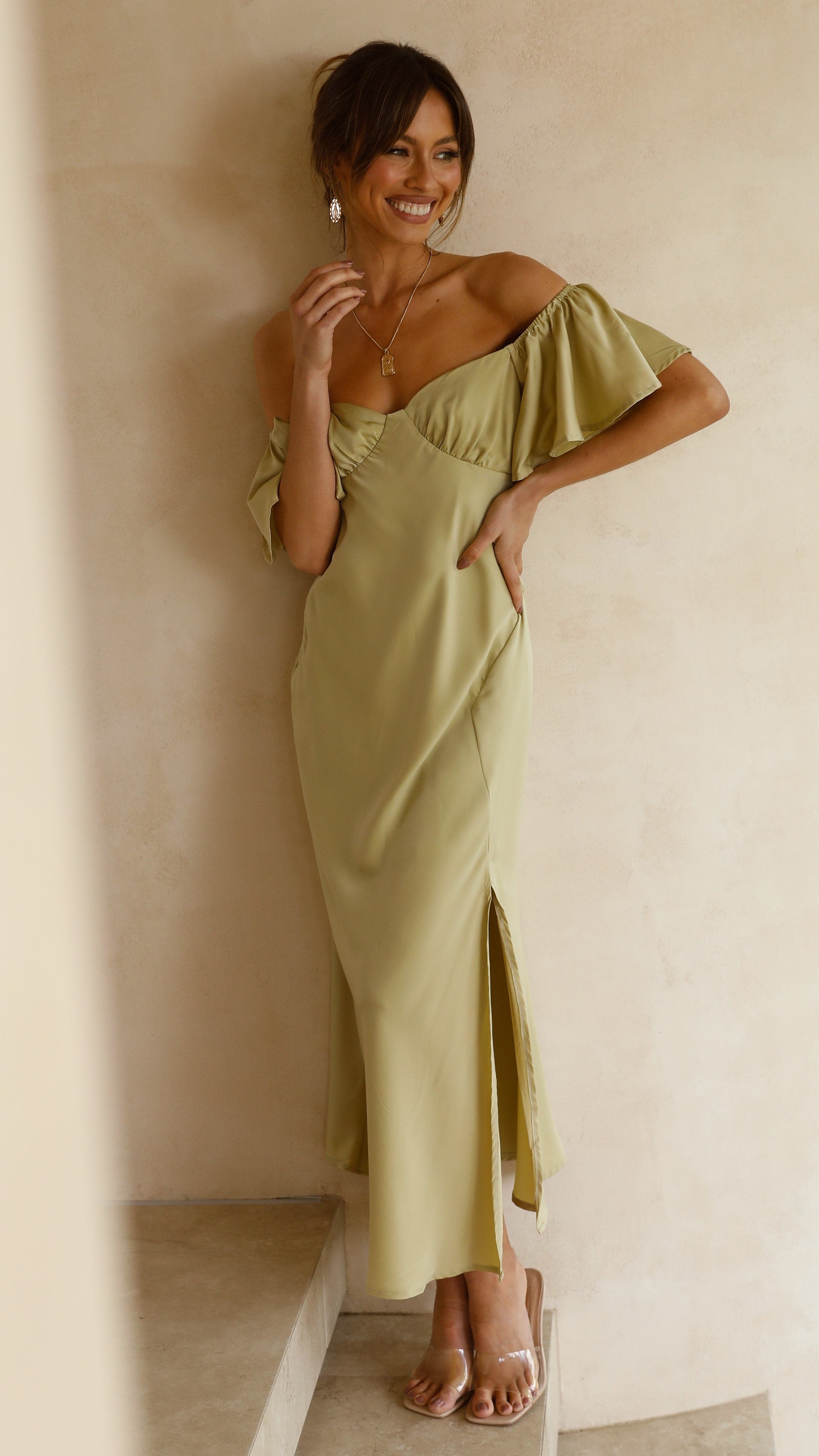 Louisa Midi Dress in Olive Green - Elegant Casual & Office Wear for Women | Perfect for Spring Summer Outfits, Date Nights & Work Attire