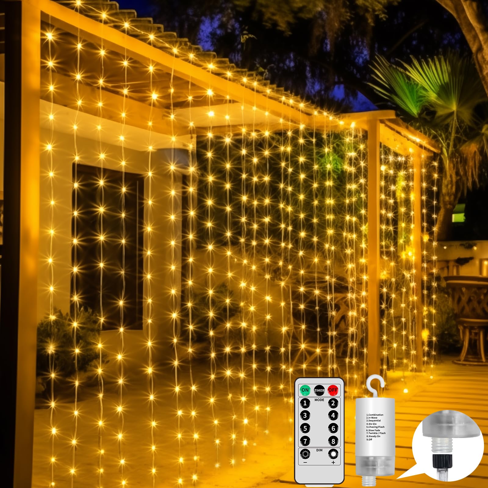 300 LED Battery Operated Waterproof Curtain Lights - 10ft x 10ft Outdoor Twinkle Fairy String Lights with Remote Control & 8 Modes (Warm White) for Bedroom, Porch, Gazebo, Wedding, Party, Garden, Christmas Decorations