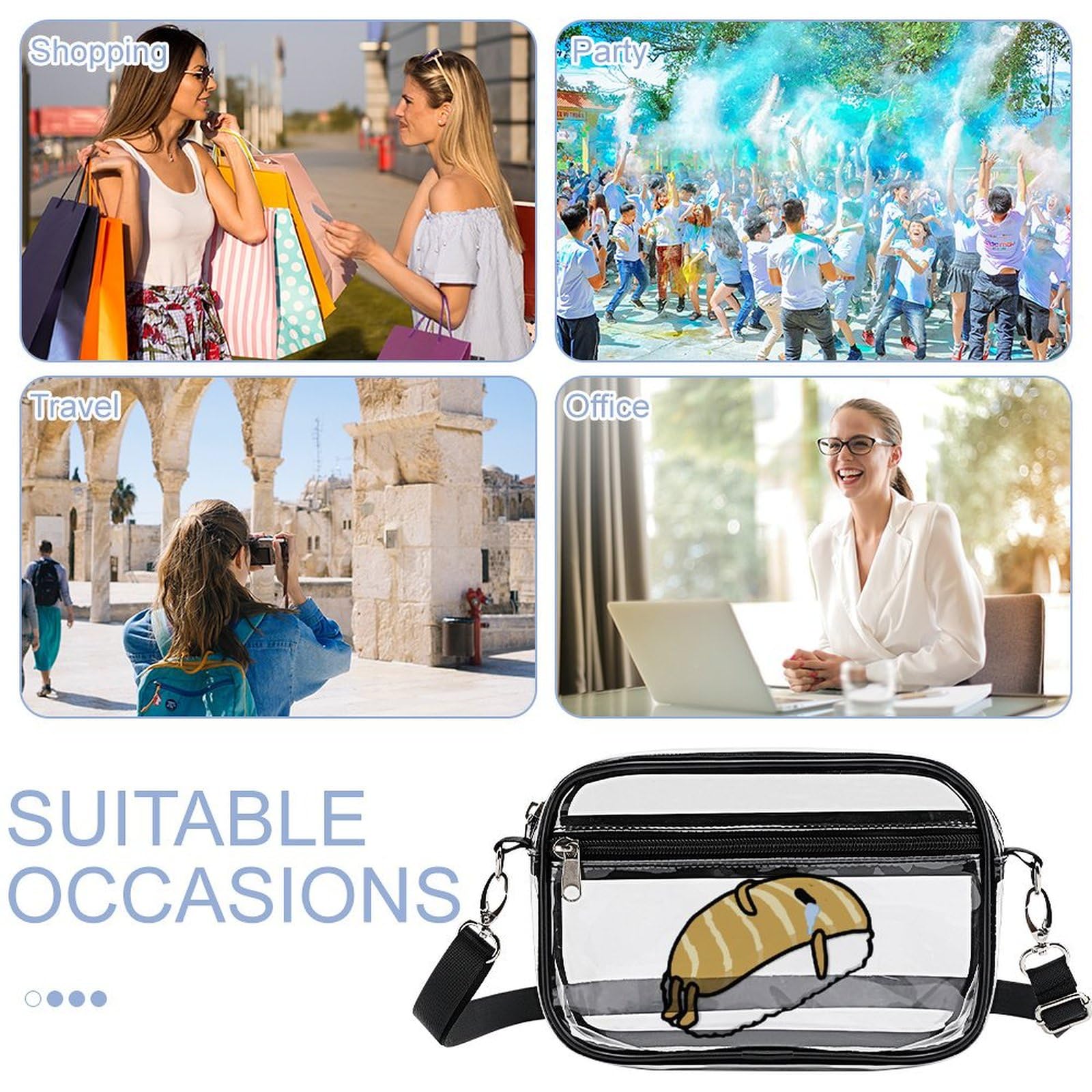 Stylish Clear Crossbody Bag for Concerts, Sports Events & Festivals - Cute Fish Sushi Design, Stadium Approved Shoulder Purse for Women, Perfect for Music Festivals, Travel & Outdoor Activities