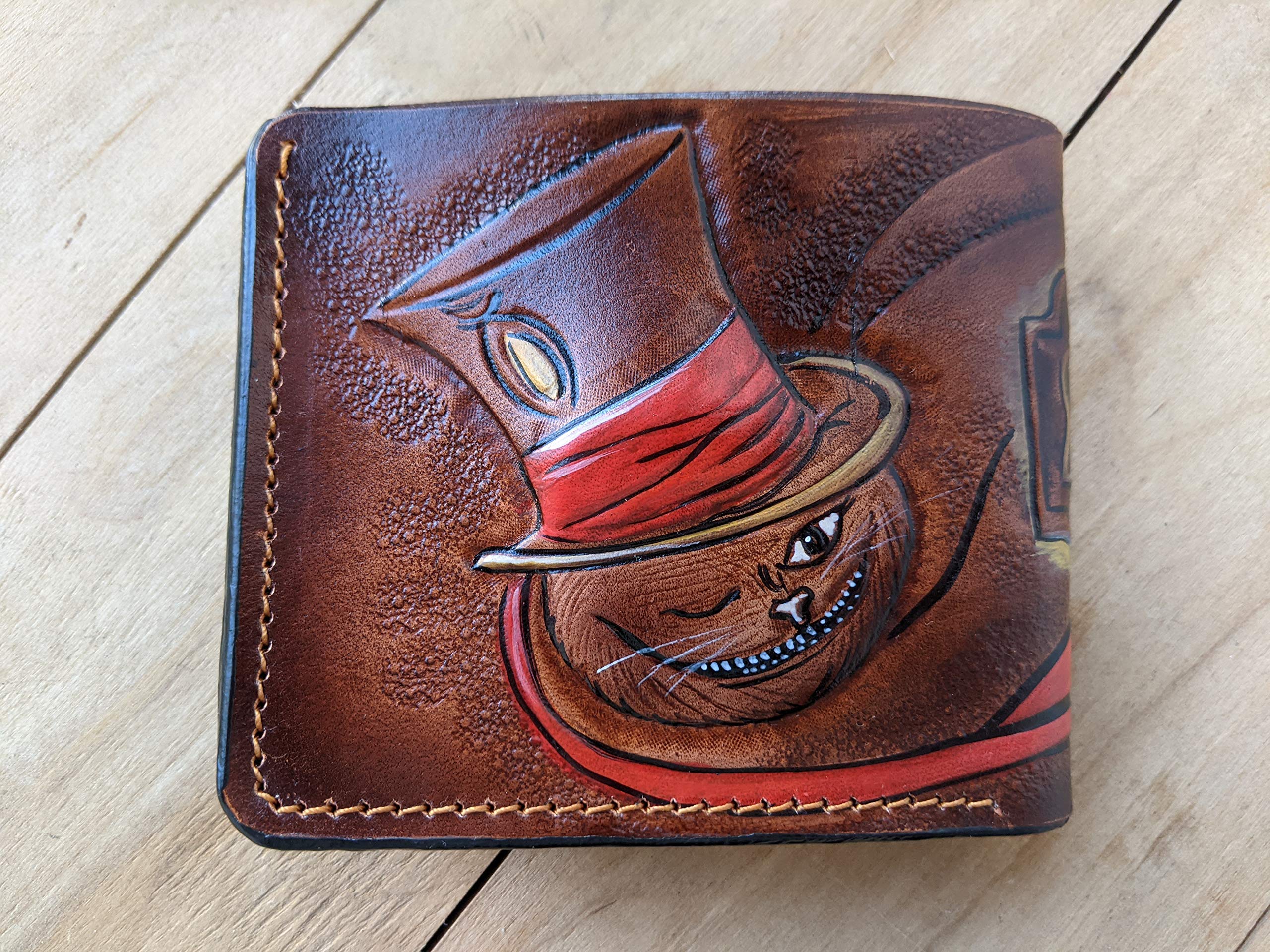 Alice in Wonderland Cheshire Cat RFID Bifold Wallet - Genuine Leather Men's Bifold Wallet with Whimsical Airbrush Art, Handmade Embossed Design - Perfect for Bikers, Gift Giving & Everyday Use