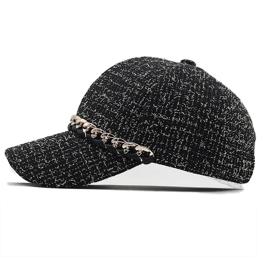 Women's Stylish Adjustable Tweed Baseball Cap - Fashionable Chain Dad Hat for Casual Wear, Hip Hop Style (Black/White) | Perfect for Streetwear, Outdoor Activities & Daily Fashion Accessories