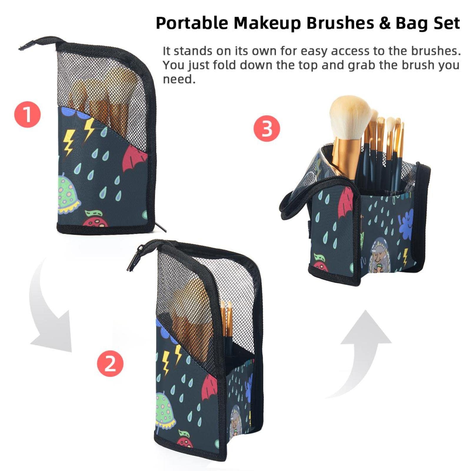 12-Piece Makeup Brush Set with Cute Rainy Day Animals Design - Portable Travel Cosmetic Brush Organizer Bag for Professional & Home Makeup Application