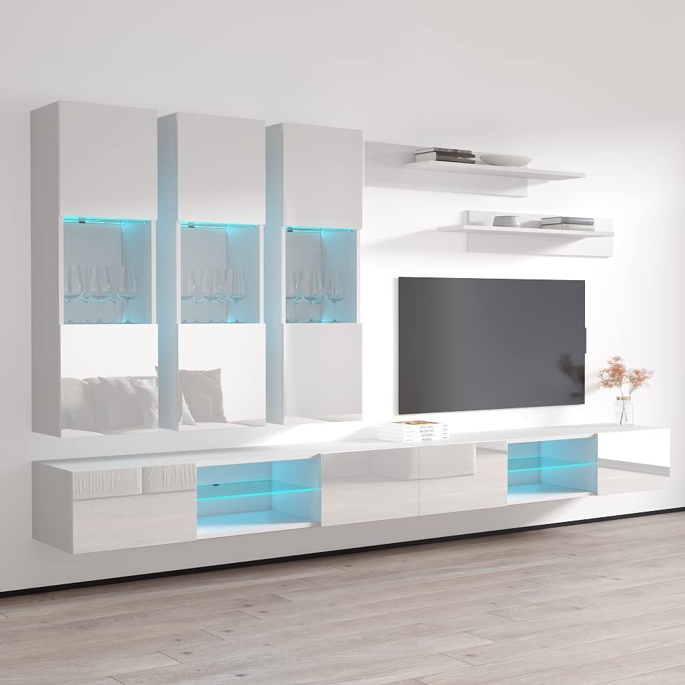 Modern White Wall-Mounted TV Stand with Storage Shelves & LED Lights - 33