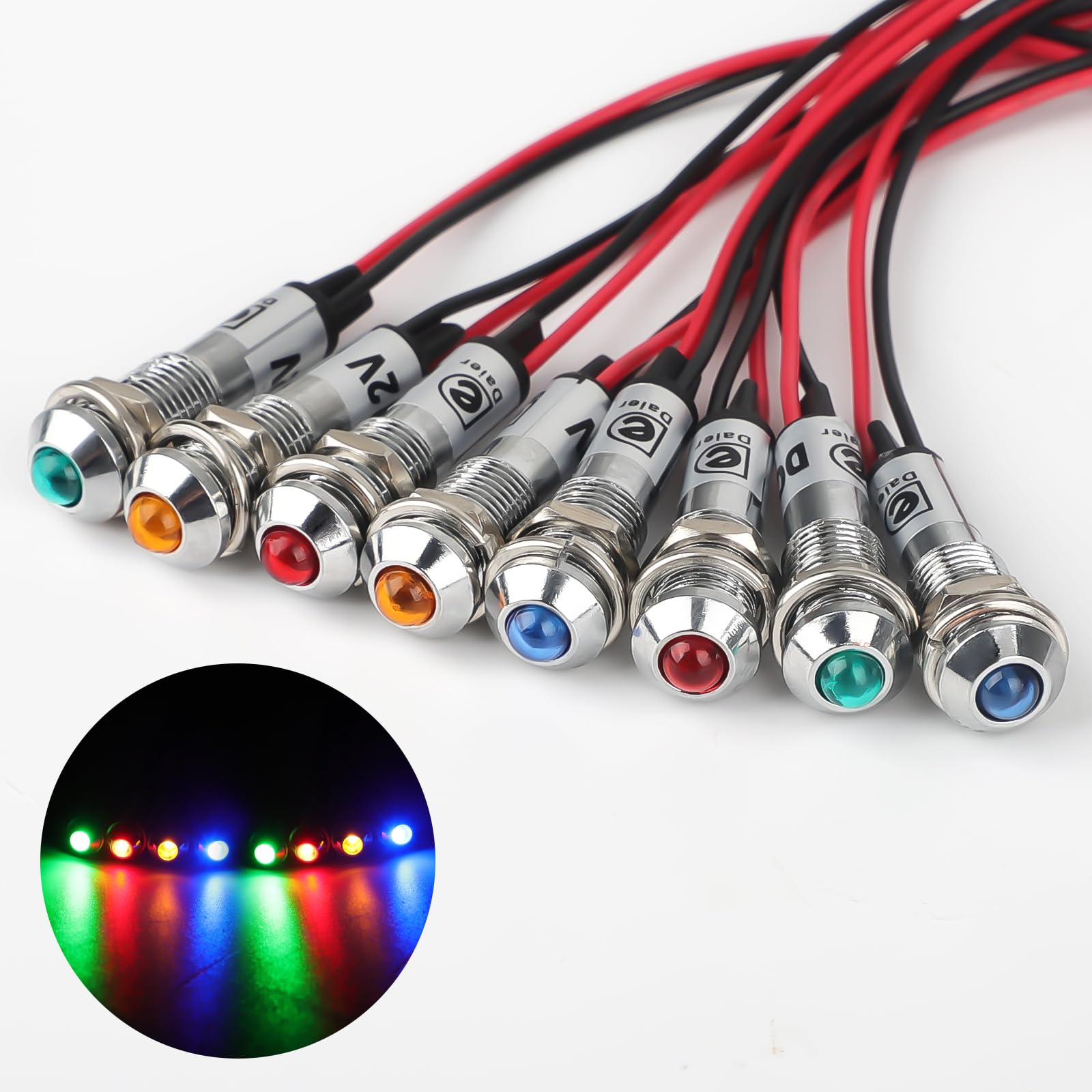 Linkstyle 8PCS 12V LED Indicator Lights - 8MM LED Signal Lamps in Red, Blue, Green & Orange with Wire Leads - Perfect for Car Dashboard, Truck & Marine Instrument Panels