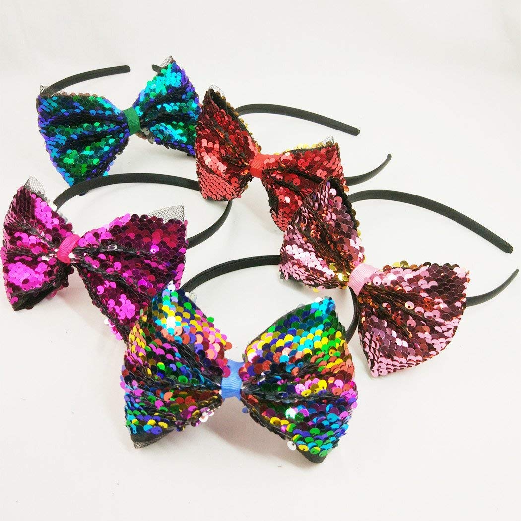 BAKEFY 4-Piece Sequin Bow Headbands for Baby Girls – Sparkling Hair Accessories for Costume Parties, Birthday Celebrations & Themed Events
