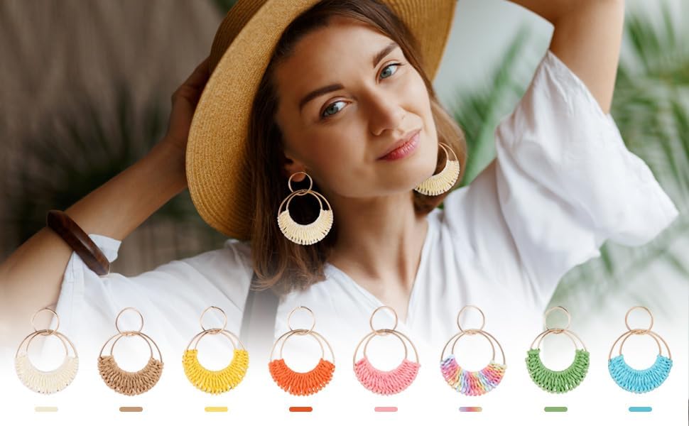 Boho Rattan Weave Hoop Earrings for Women - Lightweight Straw Wicker Dangle Drop Earrings | Summer Beach Party Jewelry, Wedding Accessories & Festival Fashion Statement