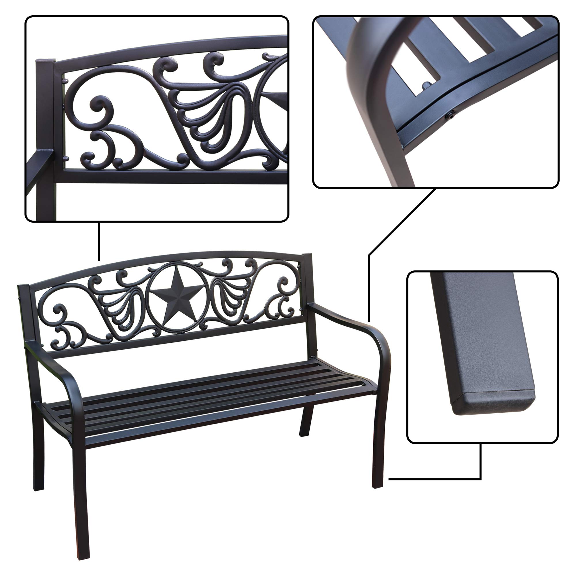 4.1 Ft Steel Frame Garden Bench - Outdoor Patio Chair with Star Design, 2-Person Loveseat for Yard, Park & Backyard Seating | Durable Slatted Seat Backrest | Perfect for Gardens, Decks, Poolside & Outdoor Relaxation