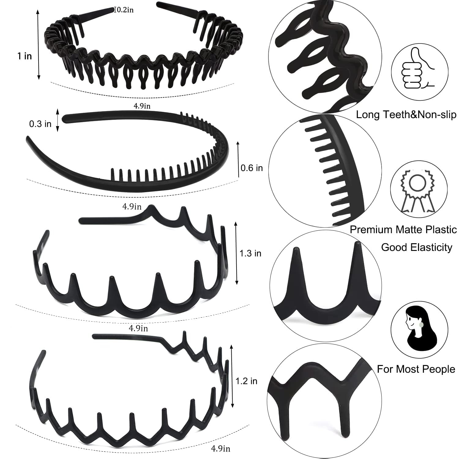 8 PCS Non-Slip Plastic Headbands with Teeth Comb - Matte Black Skinny Hair Bands for Women, Men & Teens - Perfect for Workouts, Sports and Everyday Styling