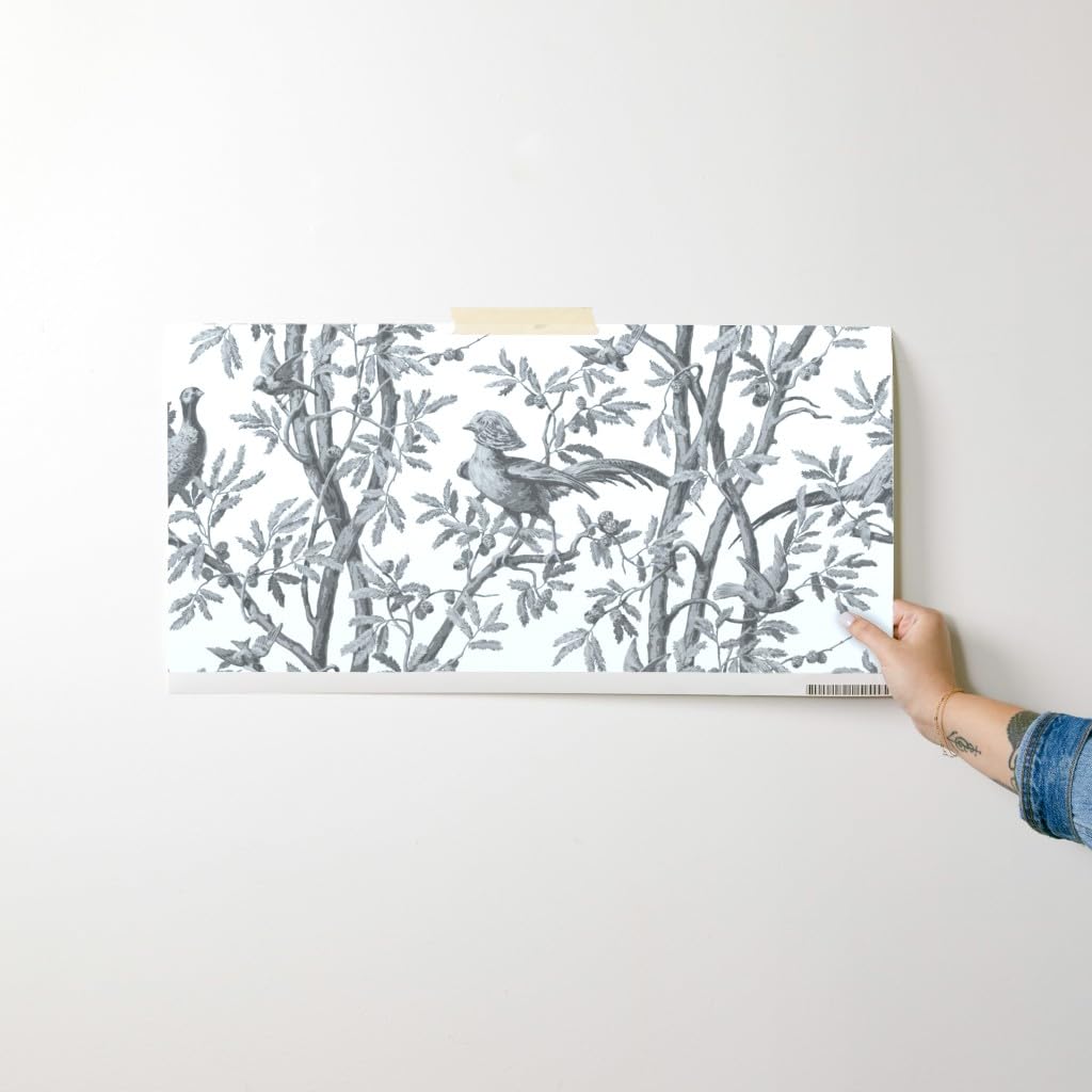 Removable Wallpaper Swatch - Gray Scale Branches Birds Trees Antique Romantic Chinoiserie Toile Custom Pre-Pasted Wallpaper | Perfect for Nursery, Bedroom & Home Office Decor | Spoonflower