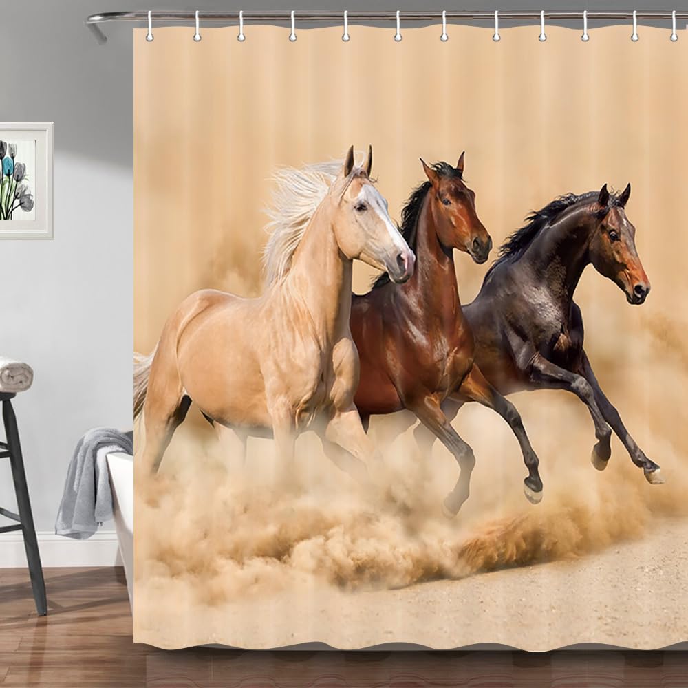 Western Farmhouse Horse Shower Curtain - 72x72 Inch Polyester Bathroom Decor with 12 Hooks, Running Horse Desert Scene - Perfect for Ranch, Cowboy or Equestrian Themed Bathrooms