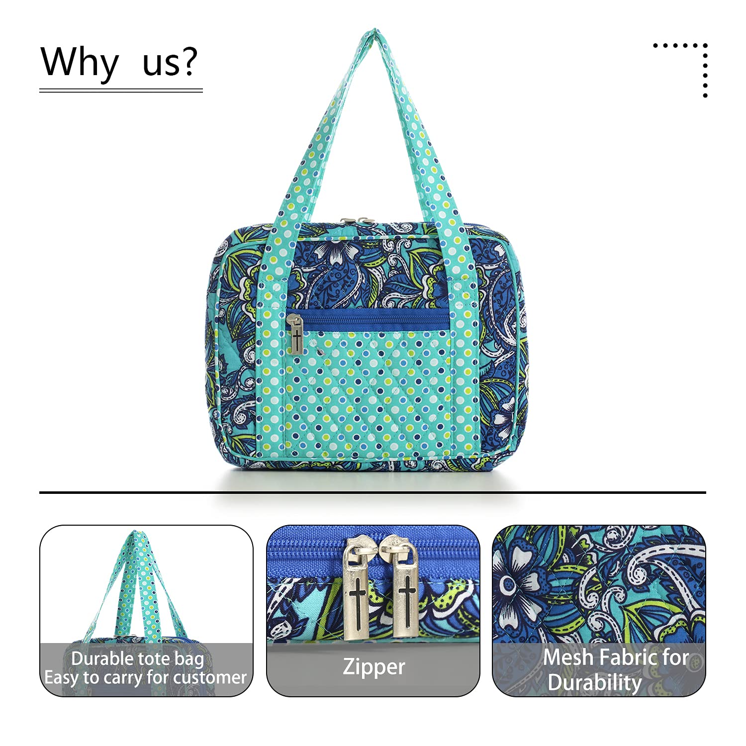 DIWI Quilted Bible Cover Large 10x7x2.75in - Blue Book Case for Church & Travel