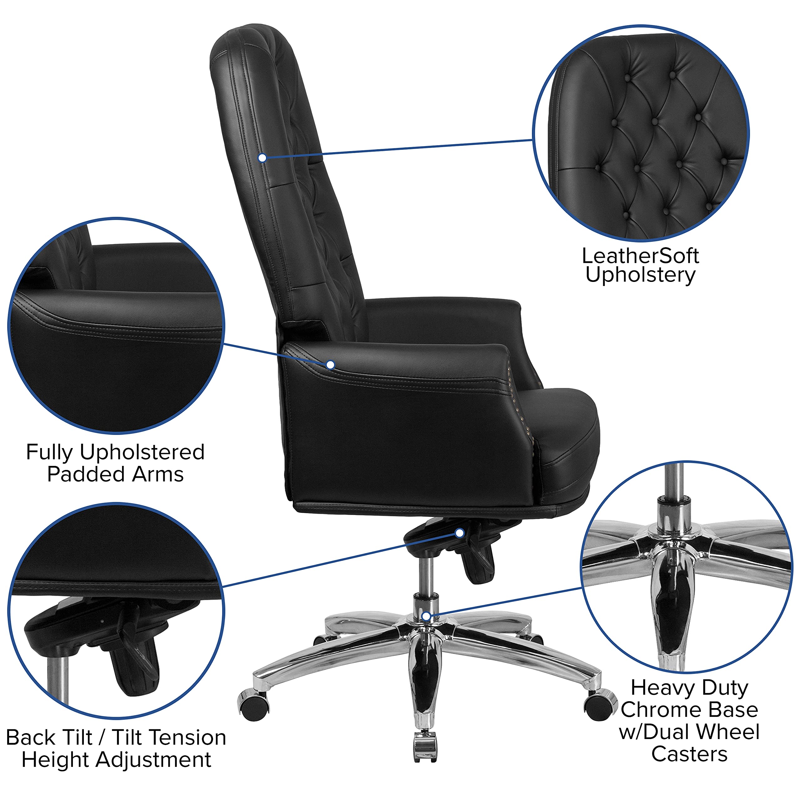 Premium High Back Ergonomic Office Chair - Black Genuine Leather with Lumbar Support & Adjustable Features for Home & Executive Workspaces - Ideal for Long Hours of Comfortable Sitting & Productivity