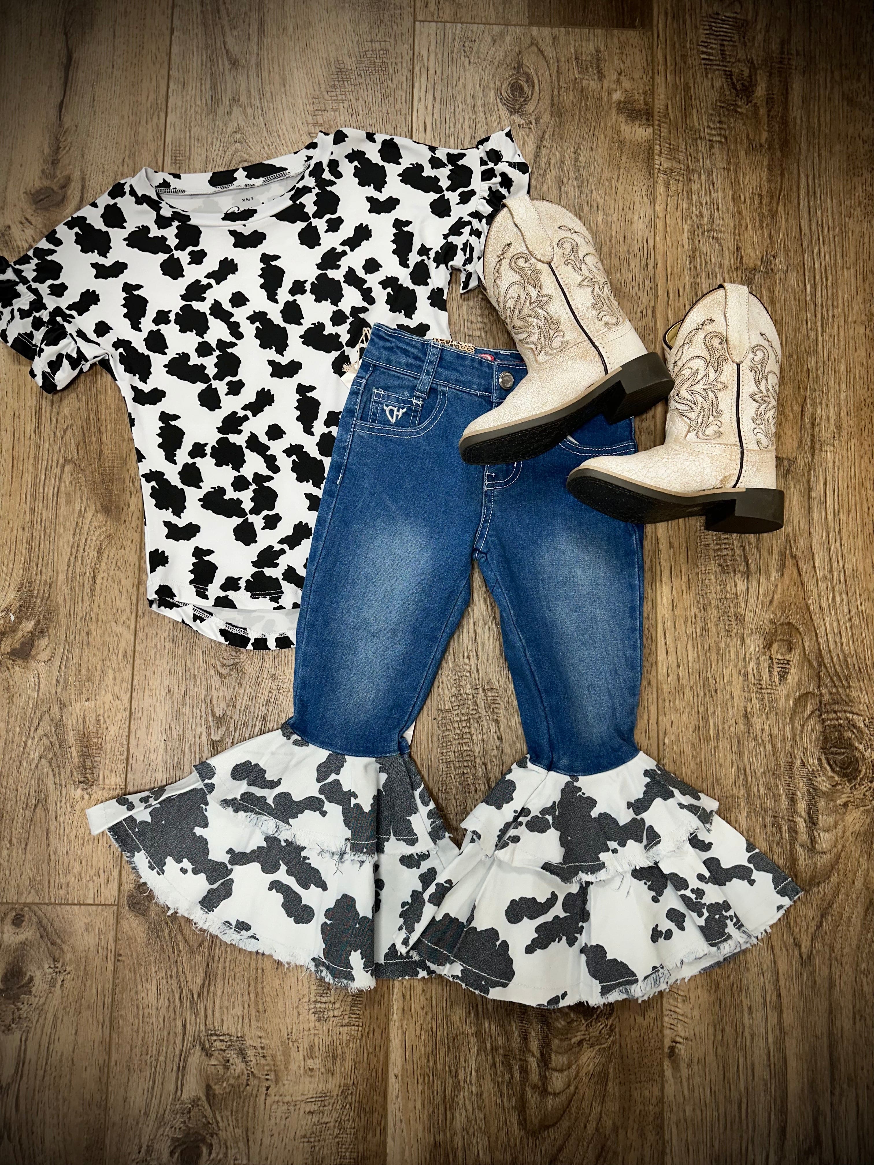 Toddler Cow Print Double Ruffle Bell Bottom Jeans - Stylish & Comfortable Denim Pants for Girls, Perfect for Playdates & Photo Shoots
