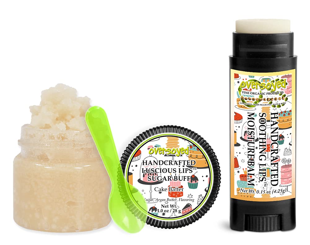 OverSoyed Cake Batter Lip Care Set - Vanilla Cream Sugar Lip Scrub & Moisturizing Balm for Dry, Chapped Lips | Exfoliator & Repair Treatment | Handcrafted Buttercream Flavored Lip Combo | Perfect Gift for Skincare Lovers - Use for Daily Lip Care & Spa Night Pampering