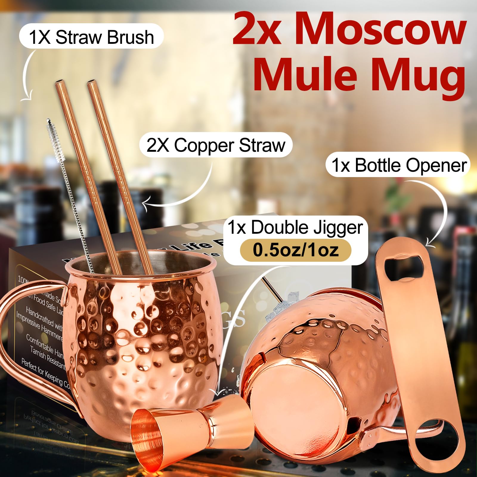 LINALL Moscow Mule Copper Mugs - Set of 2 (18oz) Copper Plated Stainless Steel Cups for Cocktails, Iced Coffee & Cold Beverages - Perfect for Parties, Bars & Home Entertaining