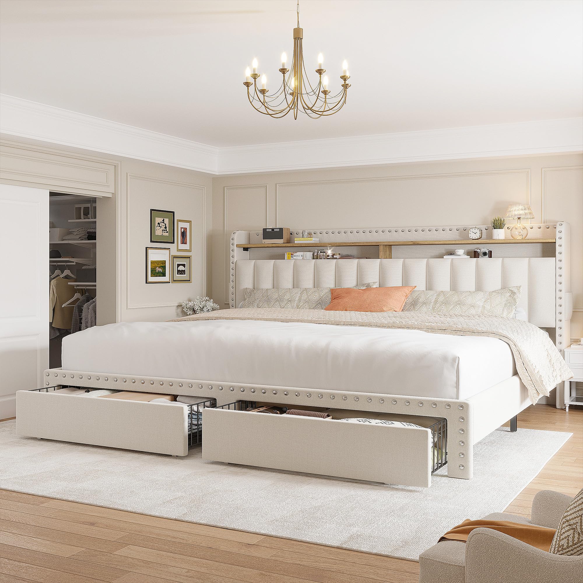 EnHomee King Size Bed Frame with 2-Tier Storage Headboard & 2 Drawers - Upholstered Platform Bed with Wooden Slats, No Box Spring Needed, Noise-Free - Perfect for Small Spaces & Modern Bedrooms (Beige)