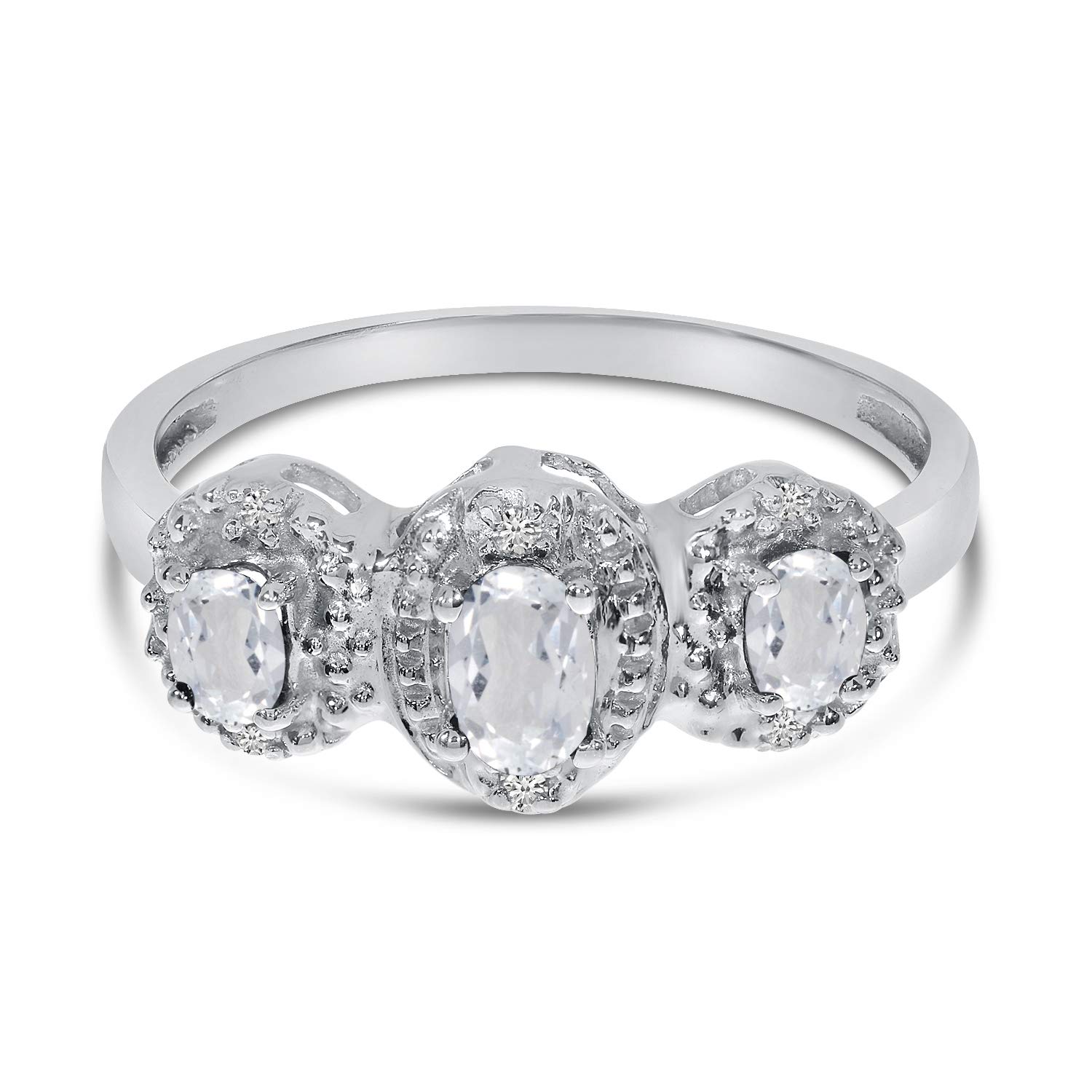 14K White Gold Oval White Topaz & Diamond Three Stone Ring for Women – Elegant Bridal, Engagement & Anniversary Jewelry Gift