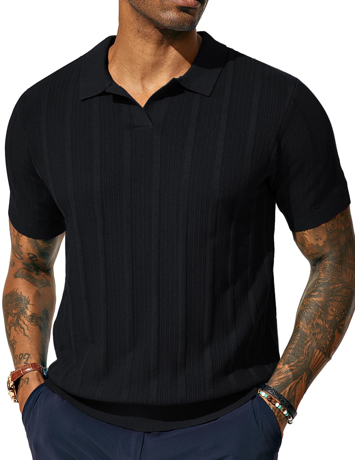 PJ PAUL JONES Men's Textured Knit V-Neck Polo Shirts - Breathable Summer Casual Shirts for Golf, Office & Outdoor Activities