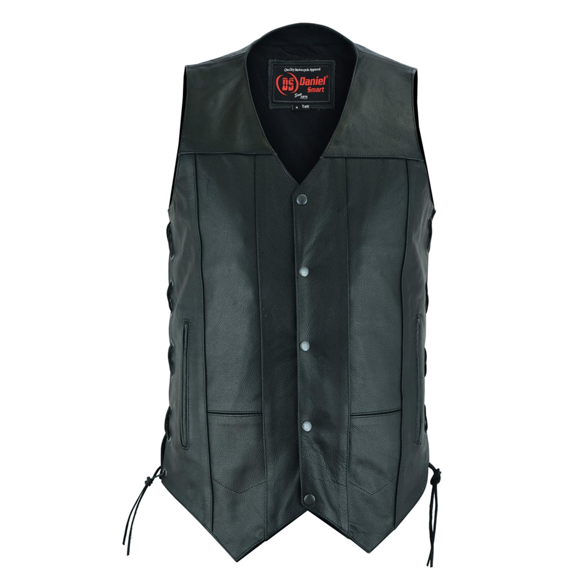 Daniel Smart Genuine Black Leather Motorcycle Vest for Men - Adjustable Side Laces & Multiple Pockets | Riding Gear, Biker Jacket Alternative, Motorcycle Club Apparel