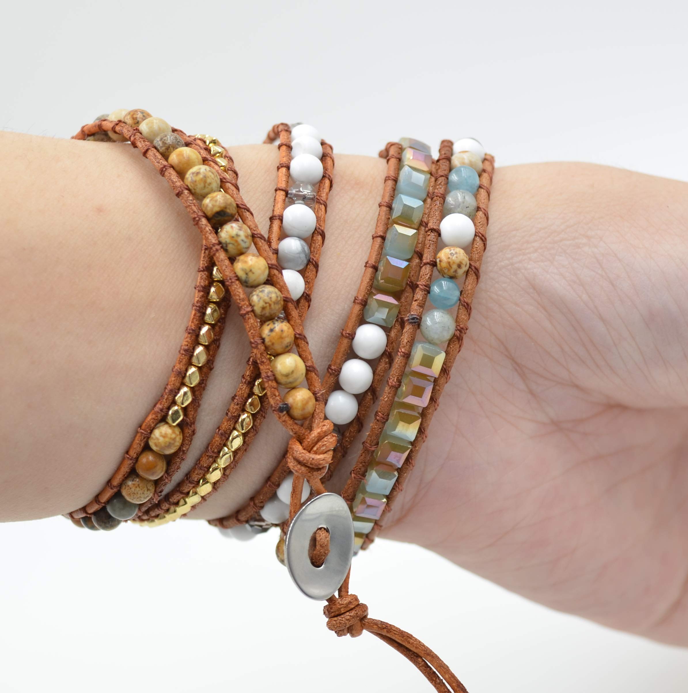 5 Wrap Gold Plated Beaded Leather Bracelet for Women - Natural Turquoise & Ocean Jasper Stone Fashion Jewelry | Perfect Gift for Birthday, Anniversary & Everyday Wear