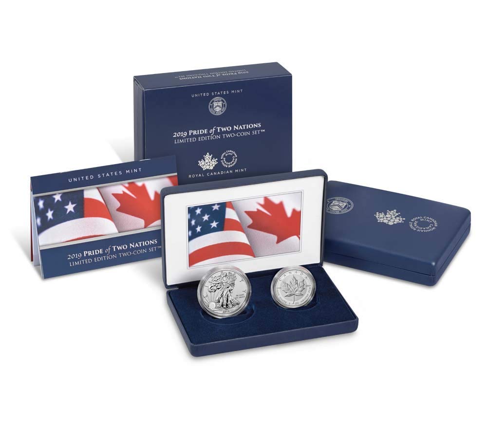 2019 Pride of Two Nations 2-Coin Limited Edition Set - Silver American Eagle & Canadian Maple Leaf - Perfect for Collectors & Investors | Coin Display & Gift Idea