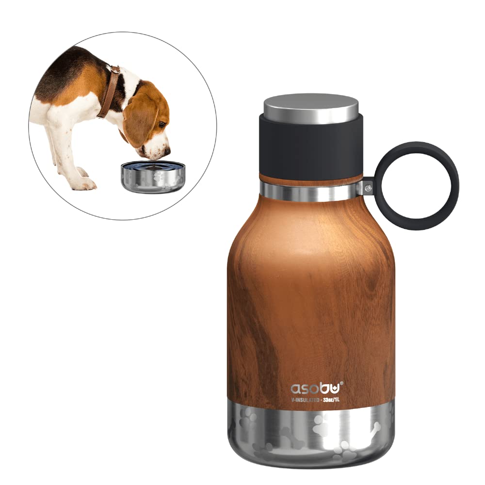Asobu Insulated Stainless Steel Travel Bottle with Dog Bowl - 33oz, Hardwood - Perfect for Hiking, Camping & Outdoor Adventures with Your Pet