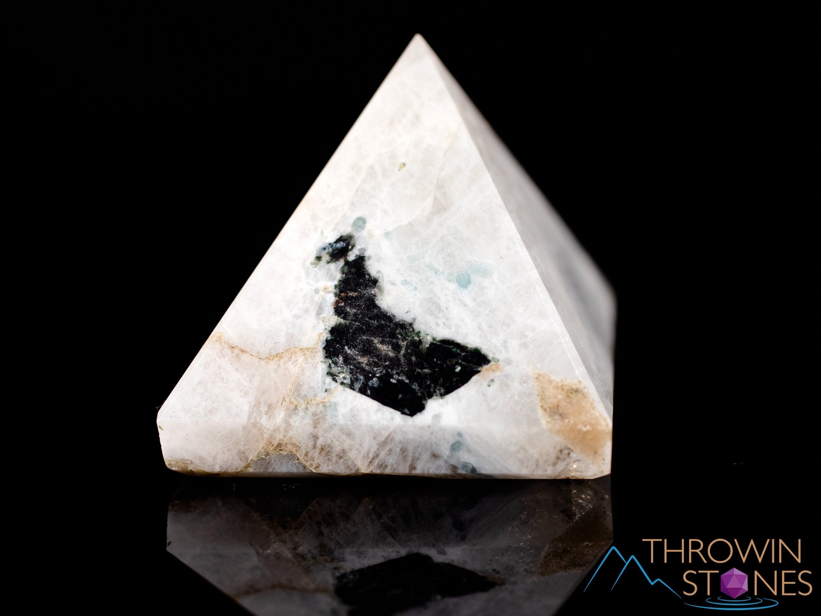 MOONSTONE Crystal Pyramid with White Feldspar & Black Tourmaline | Sacred Geometry Healing Stone | Metaphysical Decor for Meditation, Yoga & Spiritual Healing | E2059