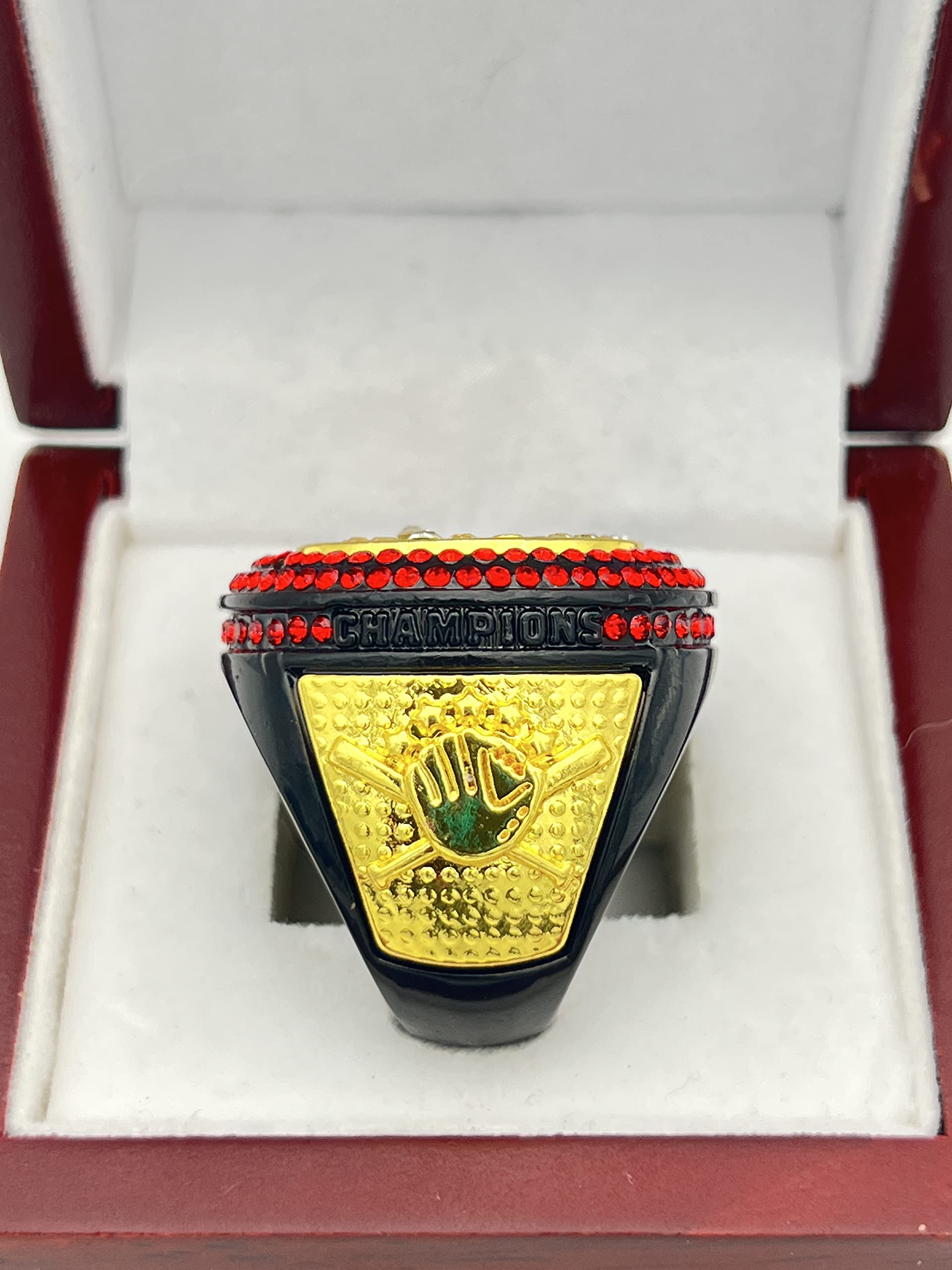 Discount Sports Rings - Deluxe Batter Ring BLACK CHAMPION with RED STONES | Premium Softball & Baseball Tournament Rings (Size 28-12) in Clear Gold Finish | Perfect for Championship Celebrations, Team Awards & Player Gifts