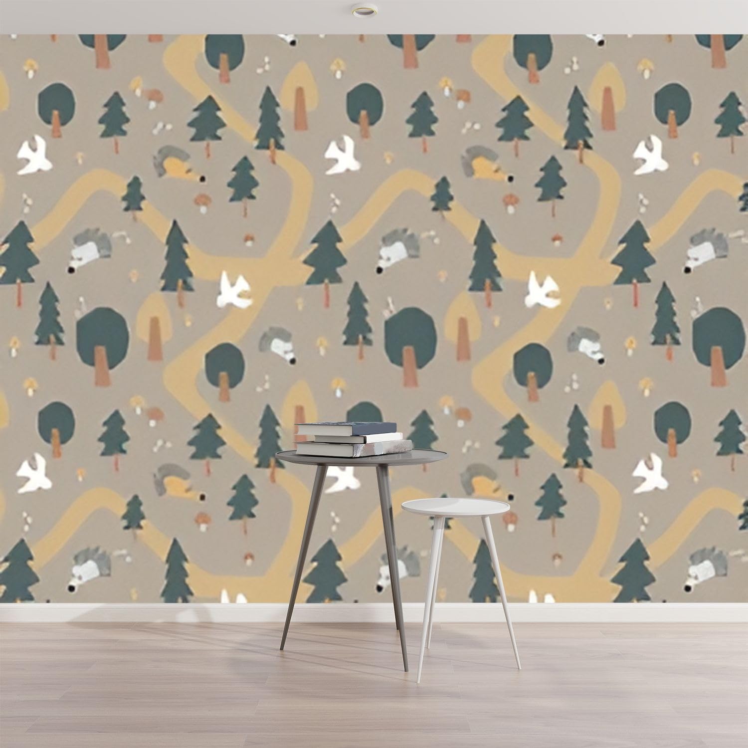 3D Modern Scandinavian Forest Animals Wall Mural - Peel and Stick Removable Self-Adhesive Wallpaper with Birds, Mushrooms & Hedgehogs for Living Room, Kids Bedroom Decor - Nursery, Playroom, Dorm Wall Stickers