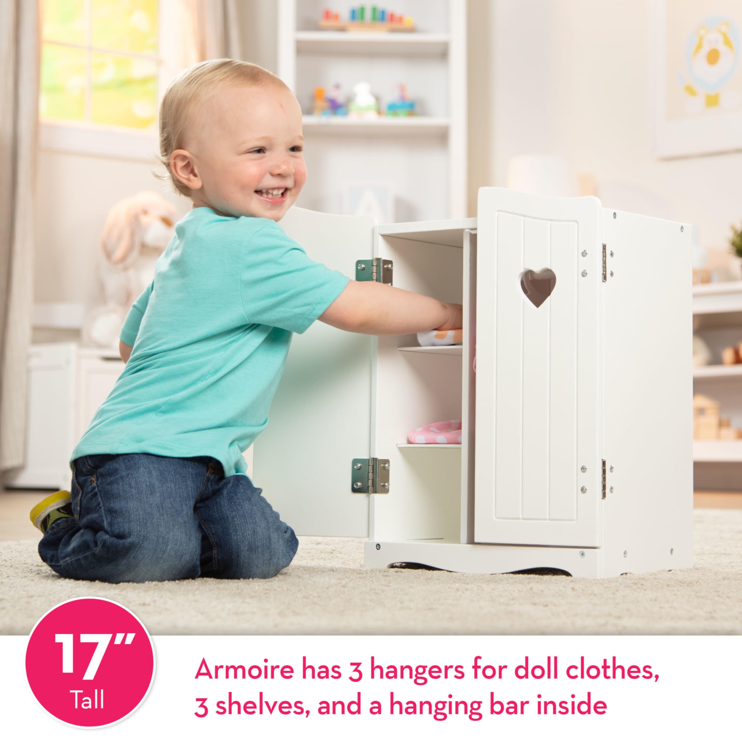 Melissa & Doug Wooden Doll Wardrobe - White Play Armoire for Dolls & Stuffed Animals (17.3