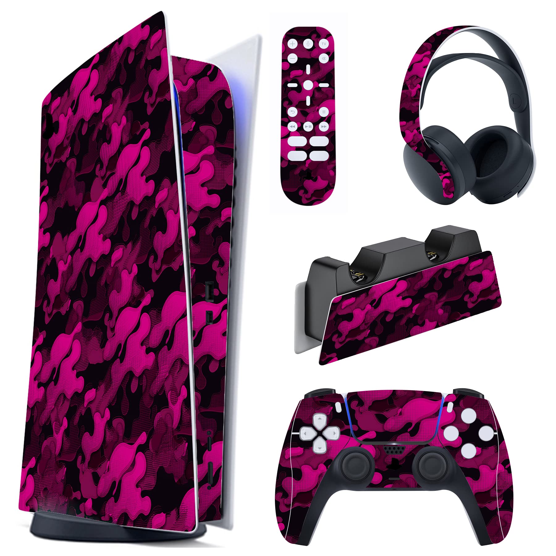 PlayVital Rose Red Black Camouflage Full Skin Decal Set for PS5 Digital Edition Console - Vinyl Sticker Cover for PS5 Controller, Charging Station, Headset & Media Remote - Perfect for Gaming Setup & Customization