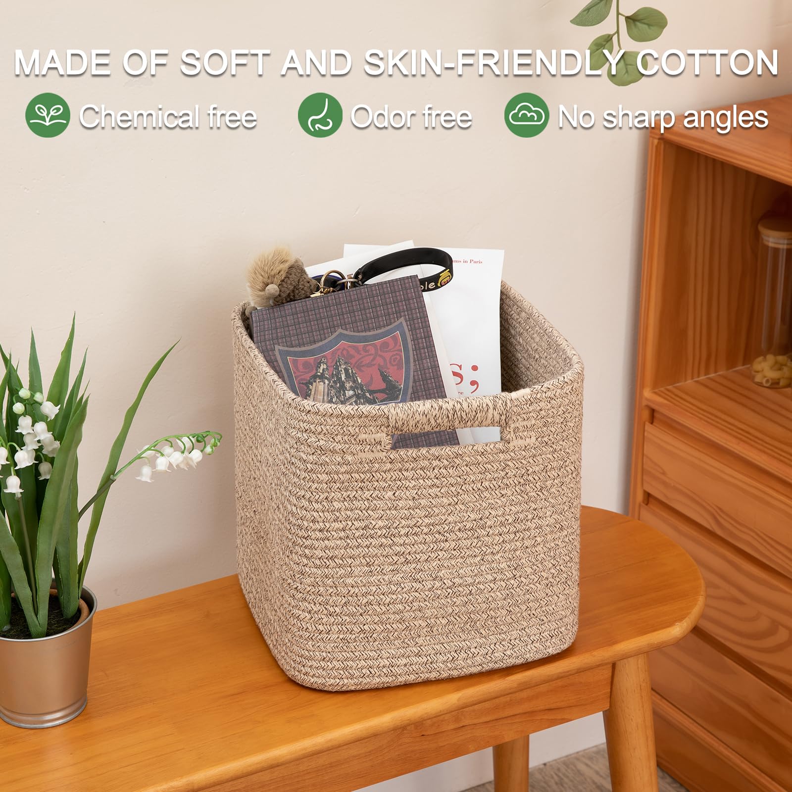 OIAHOMY 11 Inch Storage Cubes - 3 Pack Cotton Rope Woven Baskets, Square Organizer Bins for Shelves, Closet, Classroom, Nursery & Kids Toys - Perfect for Home Organization & Baby Room Storage (Brown)