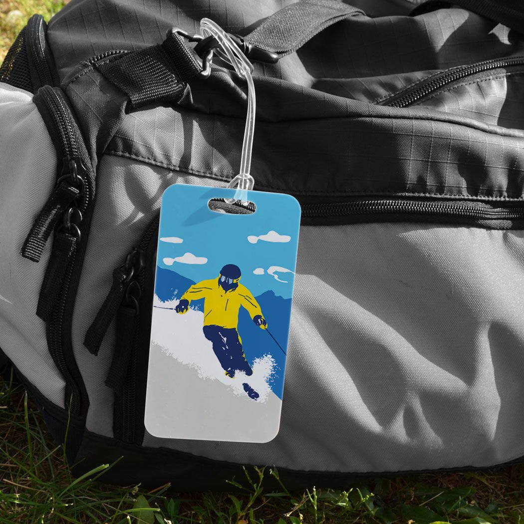 Custom Ski Luggage Tag - Personalized Ski Hard Design with Large Yellow Back for Info - Perfect for Ski Trips & Travel Gear Identification