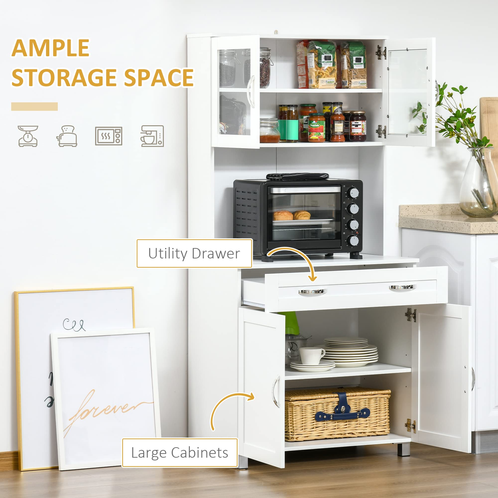 HOMCOM 67 Inch Pantry Cabinet - Modern Kitchen Hutch with Glass Doors, Adjustable Shelves & Drawers, Freestanding Storage Cabinet for Kitchen, Dining Room or Office - White