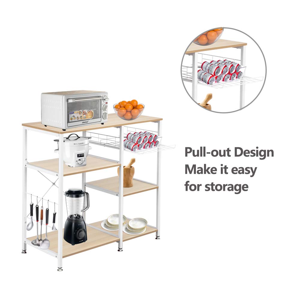 3-Tier Microwave Stand Kitchen Baker's Rack with Hooks & Pull Basket - 35.5