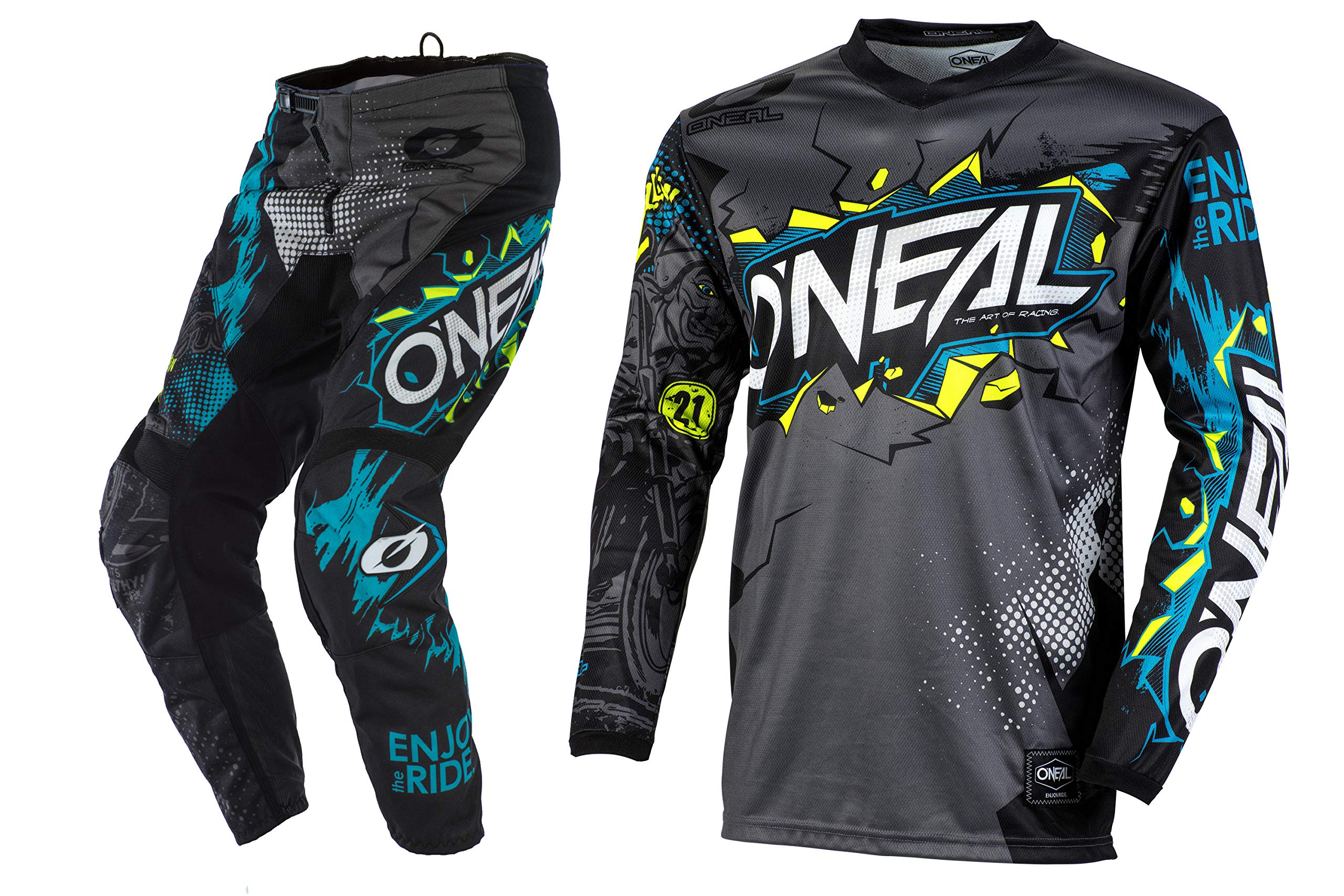 O'Neal Youth Element Villain Grey Motocross Jersey & Pants Combo - Dirt Bike Offroad MX Riding Gear Set (Jersey Youth Medium/Pants Youth 22 5/6) - Perfect for Kids Motocross Racing & Off-Road Adventures