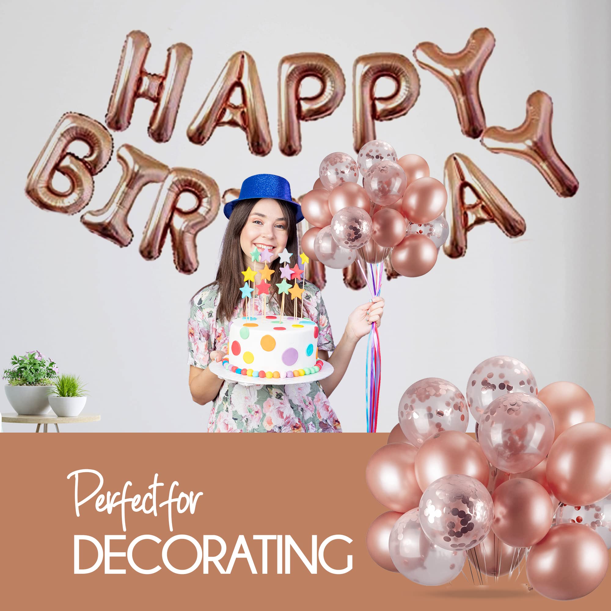 Rose Gold Happy Birthday Balloons & Confetti Decorations Set - 28Pcs Elegant Birthday Party Supplies for Women & Girls - Perfect for Birthday Celebrations, Baby Showers & Bridal Showers