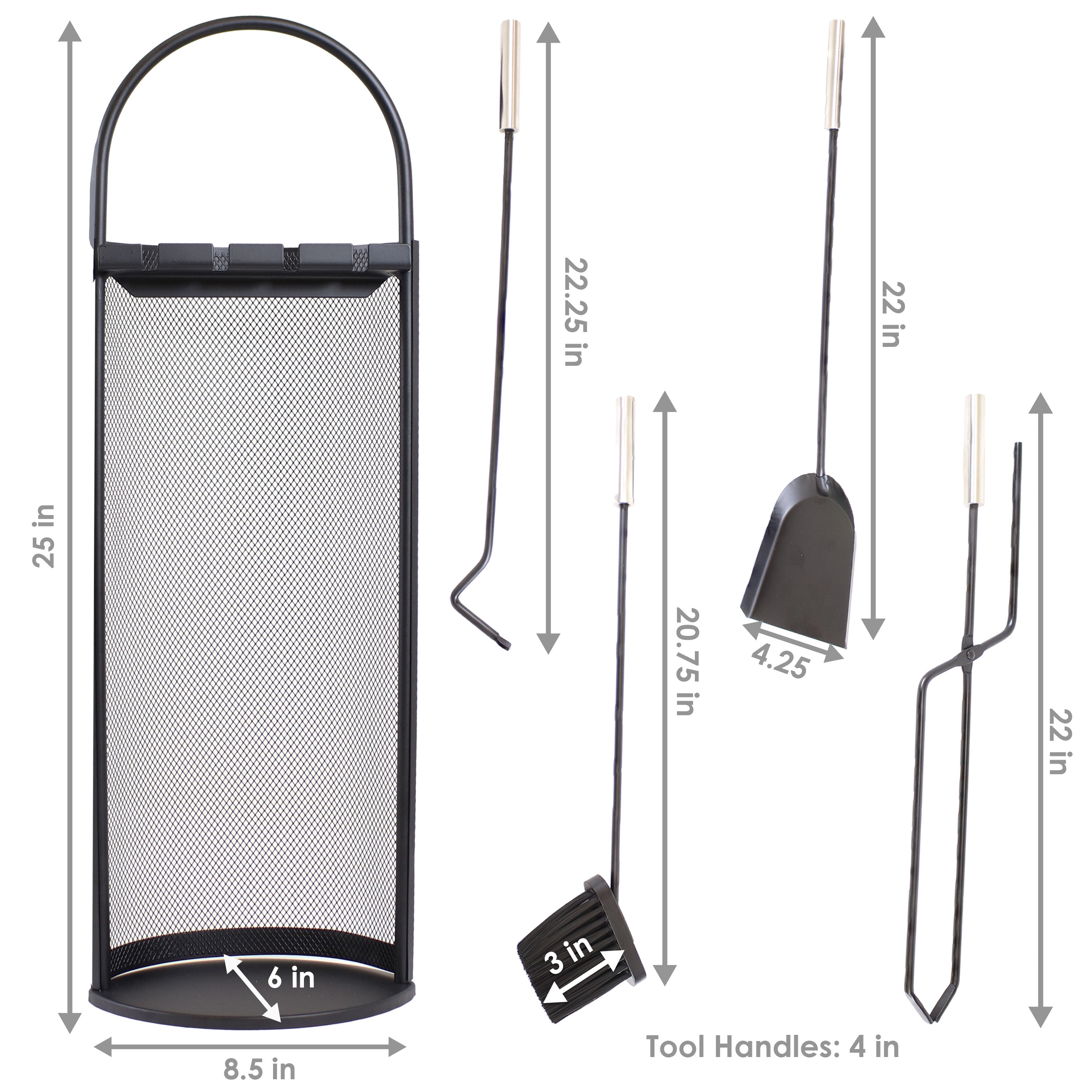 Sunnydaze 4-Piece Fireplace Tool Set with Mesh Shroud Holder - Heavy Duty Fireplace Accessories for Wood Burning Stoves & Fire Pits - Perfect for Indoor & Outdoor Use