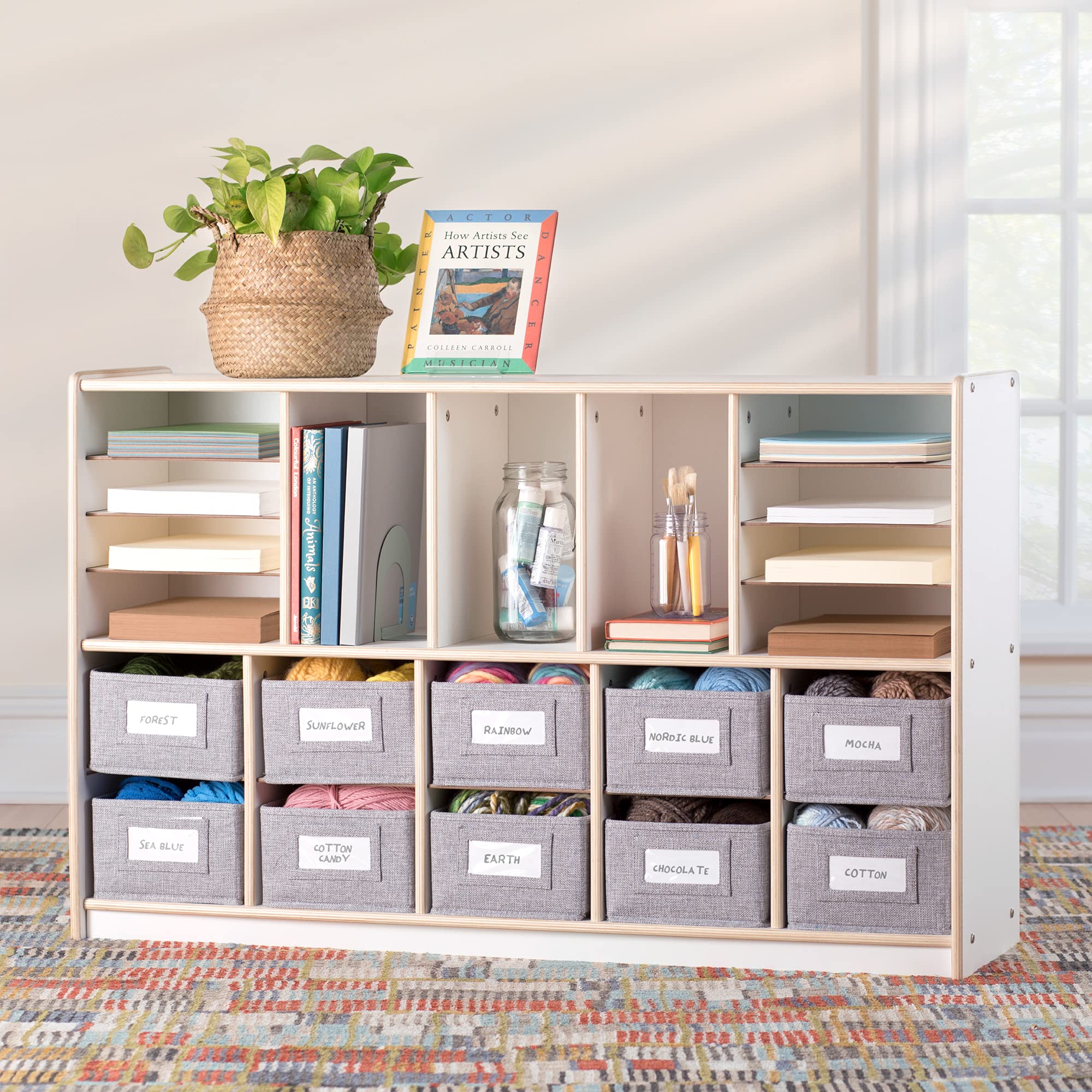 Guidecraft EdQ Shelves and 10 Bin Storage Unit - White Wooden Bookcase & Toy Organizer for Kids | Classroom, Playroom & Home Storage Solution | Books, Toys & School Supplies Organization