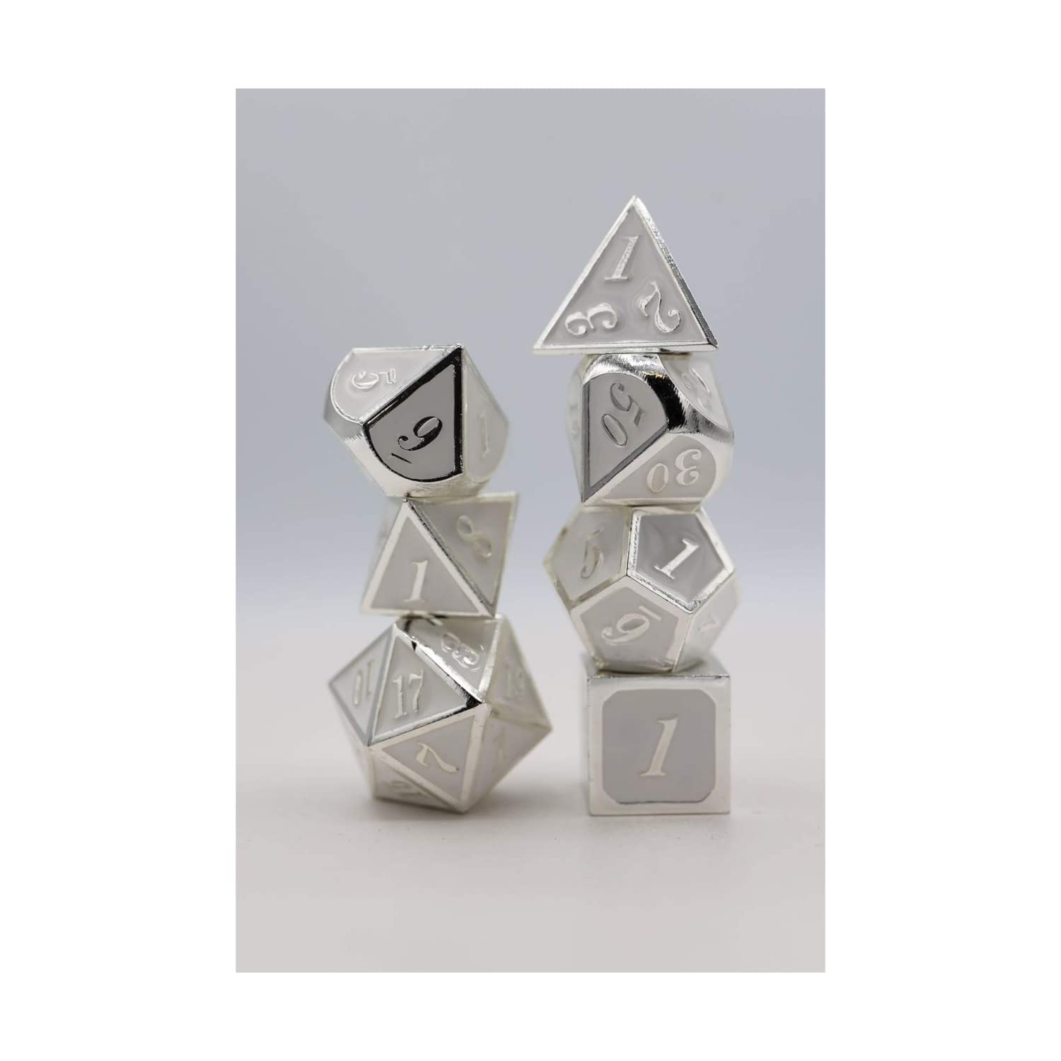 Premium Foam Brain Games Polyhedral Dice Set - White with Silver Numbers (7-Piece) for D&D, RPGs, and Tabletop Gaming