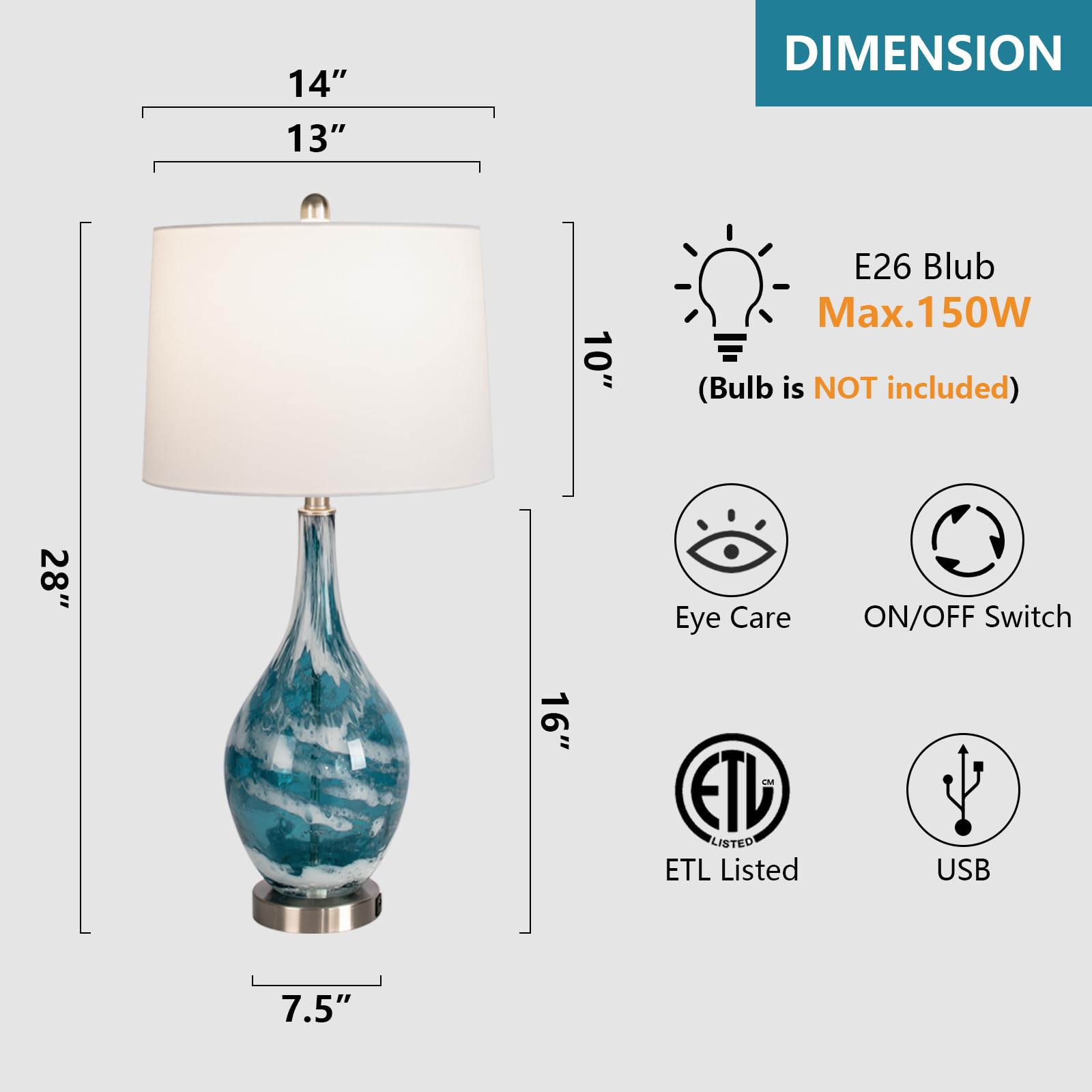 Maxax Coastal Glass Table Lamps Set of 2 - Blue USB Bedside Lamps with White Fabric Shade, Modern Nightstand Lighting for Bedroom, Living Room & Coffee Table (ETL Certified) | Perfect for Coastal Decor, Reading Nook & Ambient Lighting