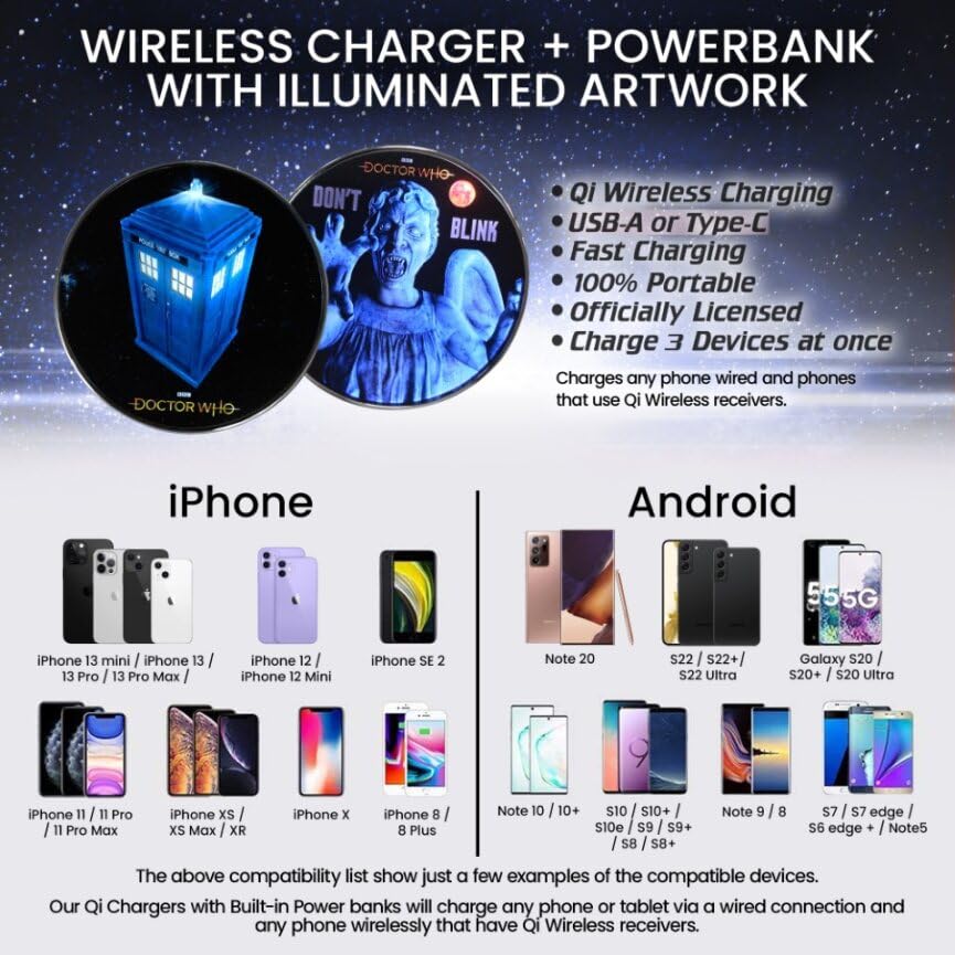 Doctor Who 60th Anniversary Logo Wireless Charger with Backup Battery - Fast Qi Charging Pad & USB Port | Portable Phone Charger with LED Light-Up TARDIS Design | Perfect Doctor Who Gifts for Fans, Office Desk & Travel Accessories