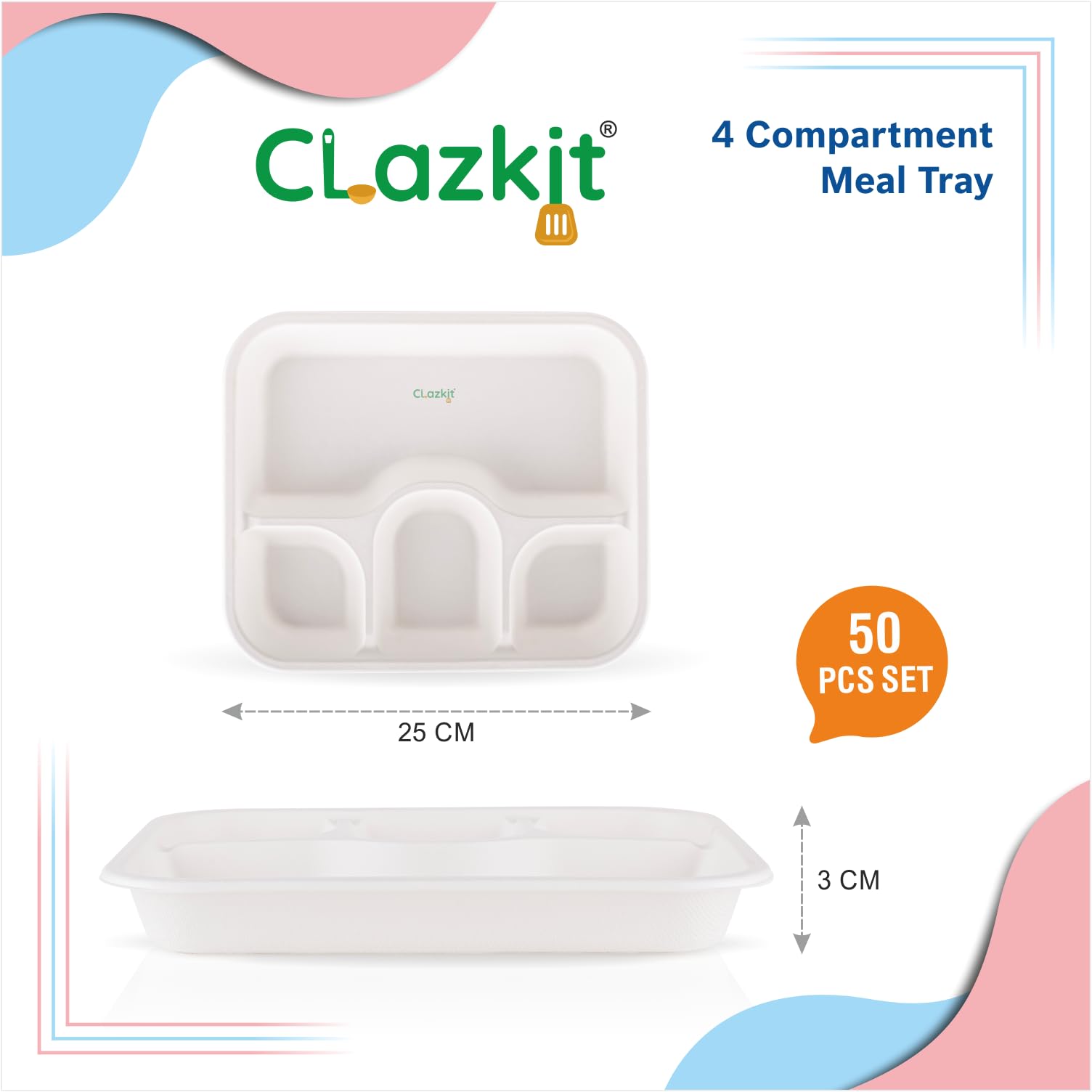Clazkit 50 Pack 4-Compartment Disposable Meal Trays - Eco-Friendly Biodegradable Bagasse Plates for Parties, Weddings & Events | Perfect for Catering, Picnics & Outdoor Dining