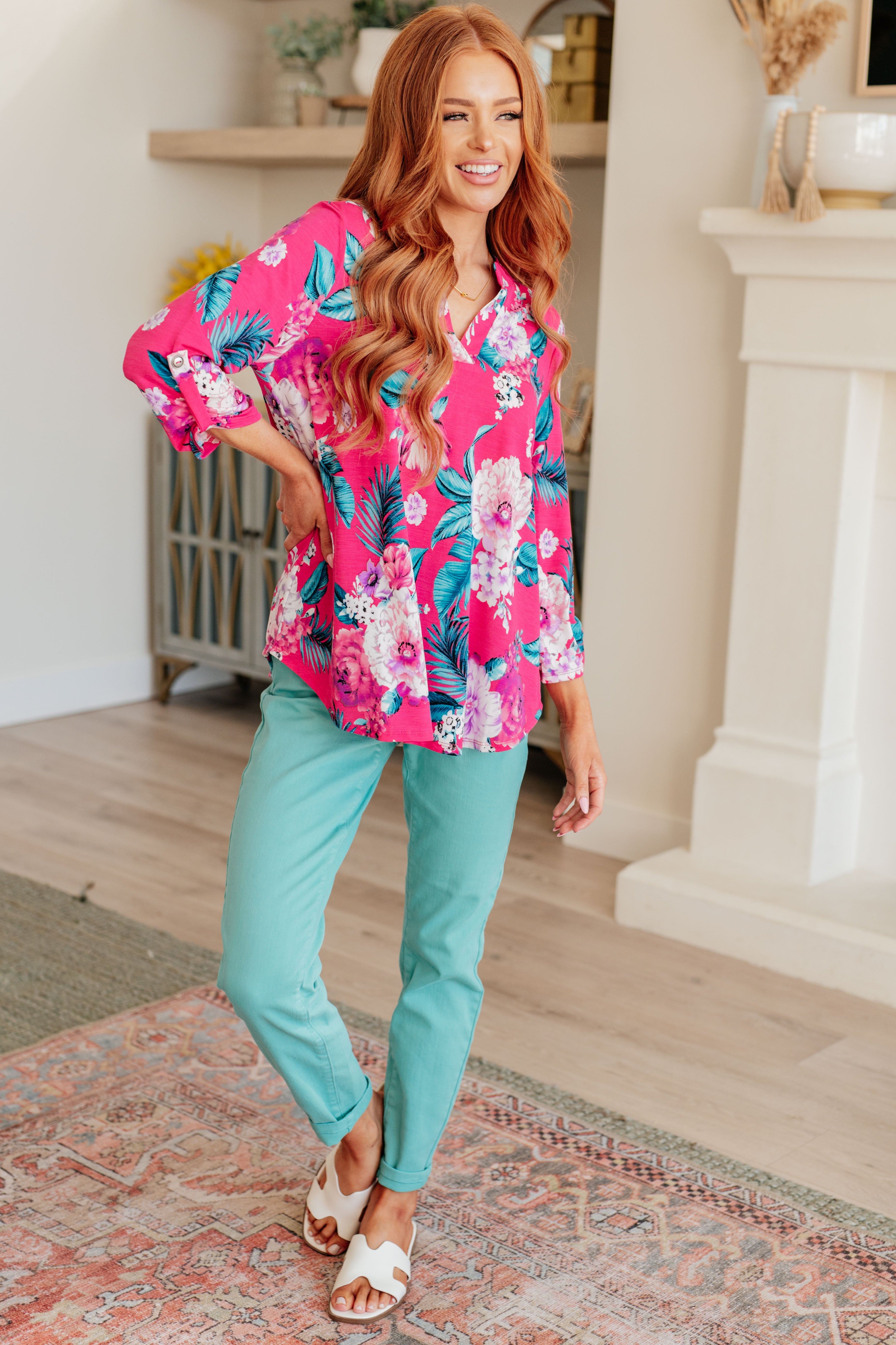 Dear Scarlett Magenta and Teal Tropical Floral Lizzy Top - Women's Summer Blouse for Beach Vacation & Boho Outfits