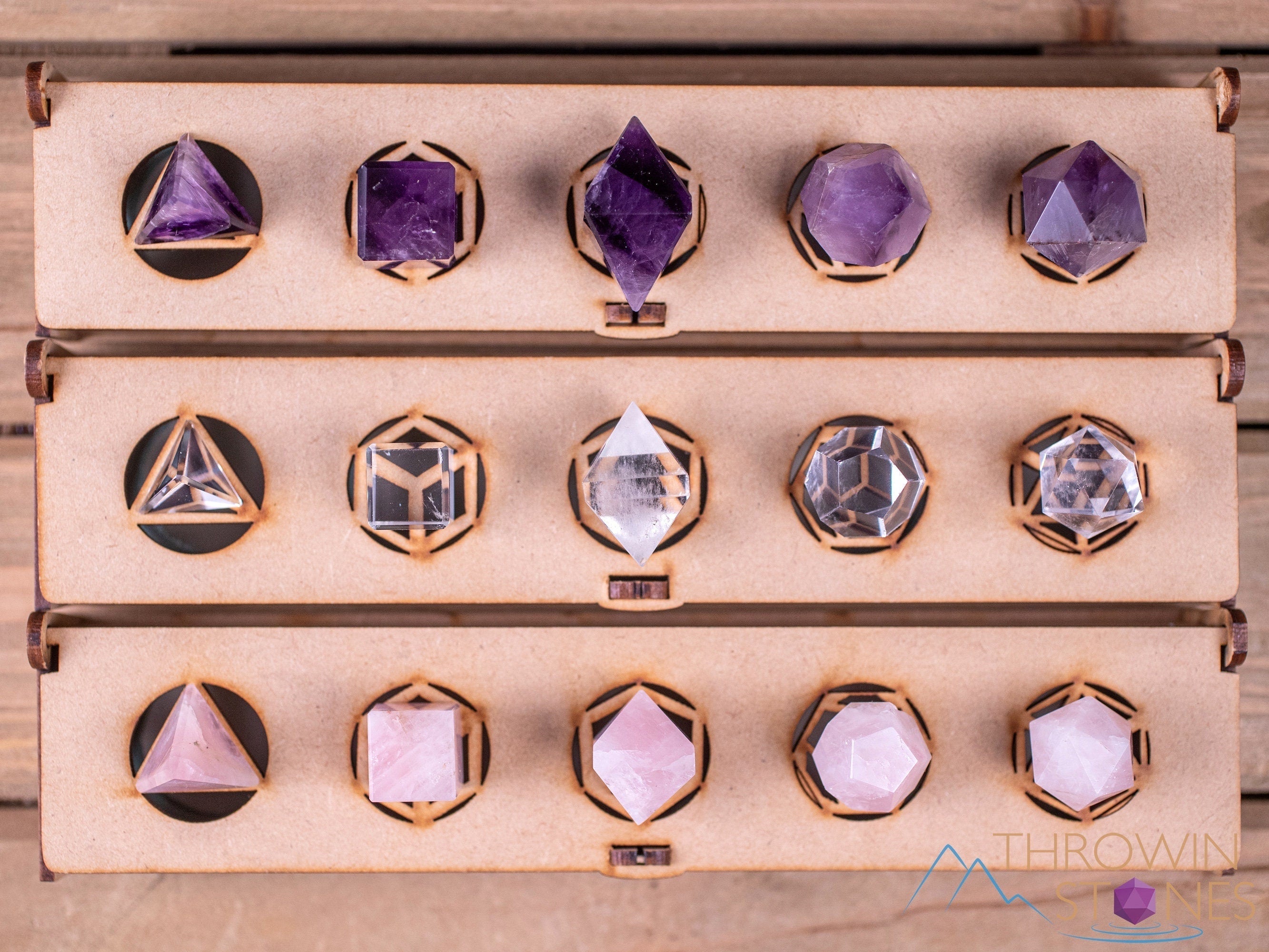 Platonic Solid Crystal Set with Amethyst, Rose & Clear Quartz - Healing Crystals Kit in Wooden Box for Beginners | Meditation, Reiki, Energy Work & Home Decor (E1914)