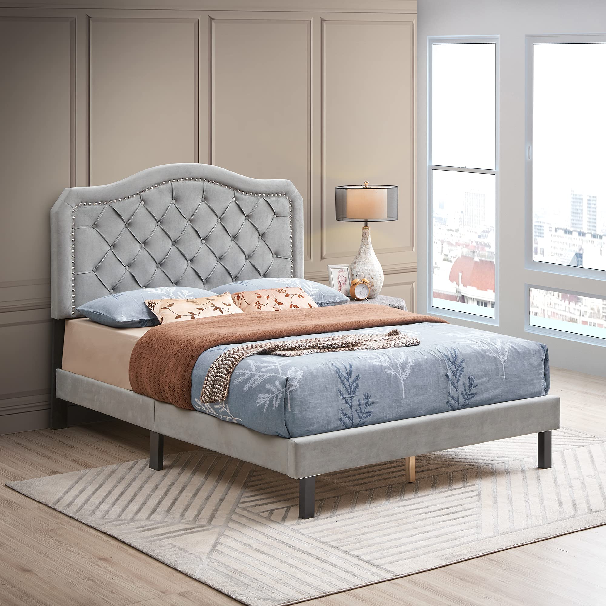 LZ LEISURE ZONE Queen Size Upholstered Bed Frame with Button Tufted Headboard - Strong Wood Slat Support, No Box Spring Needed - Easy Assembly Gray Velvet Bed - Perfect for Master Bedroom, Guest Room & Apartment Furniture