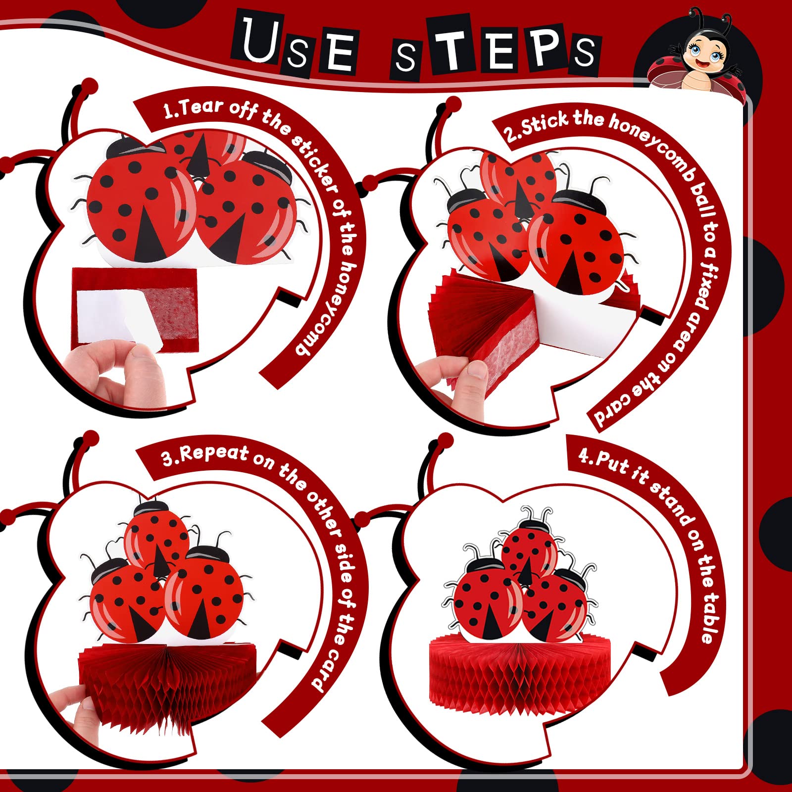 9-Piece Ladybug Party Honeycomb Centerpieces Kit - Ladybug Themed Birthday & Baby Shower Decorations, Paper Centerpiece, Cake Ball Toppers - Perfect for Table Decor, Kids Parties & Themed Events