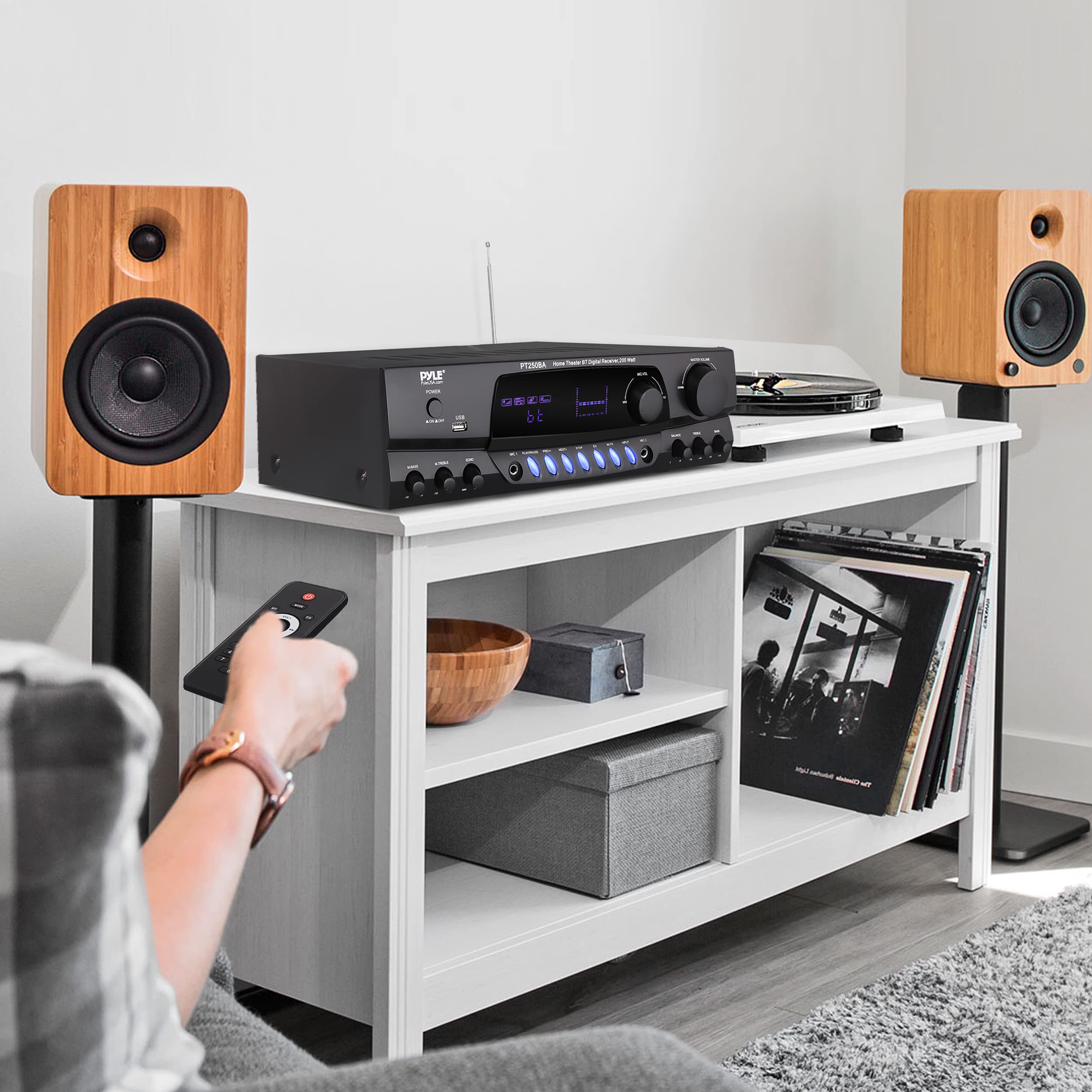 Pyle Wireless Bluetooth Power Amplifier System - 200 Watt Max Home Theater Audio Stereo Receiver with FM/USB, Mic Input, RCA, Echo & EQ Control - Perfect for Karaoke, DJ Parties, and Home Entertainment Systems