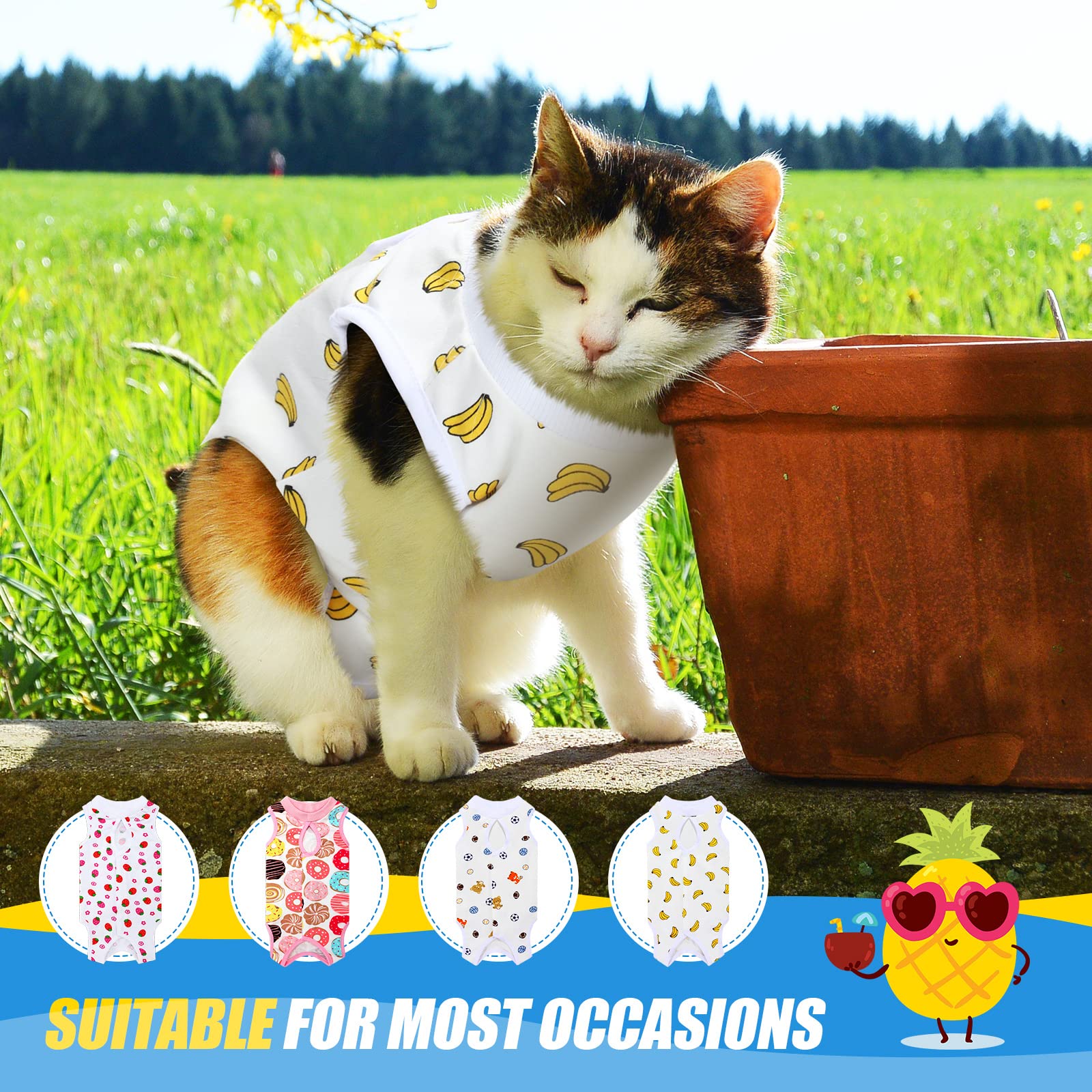 4 Pack Cat Recovery Suits - Breathable Post-Surgery Body Wraps for Cats & Small Dogs - Soft Abdominal Weaning Clothes (Banana, Football, Strawberry, Donut) - Perfect for Spay/Neuter Recovery & Wound Protection