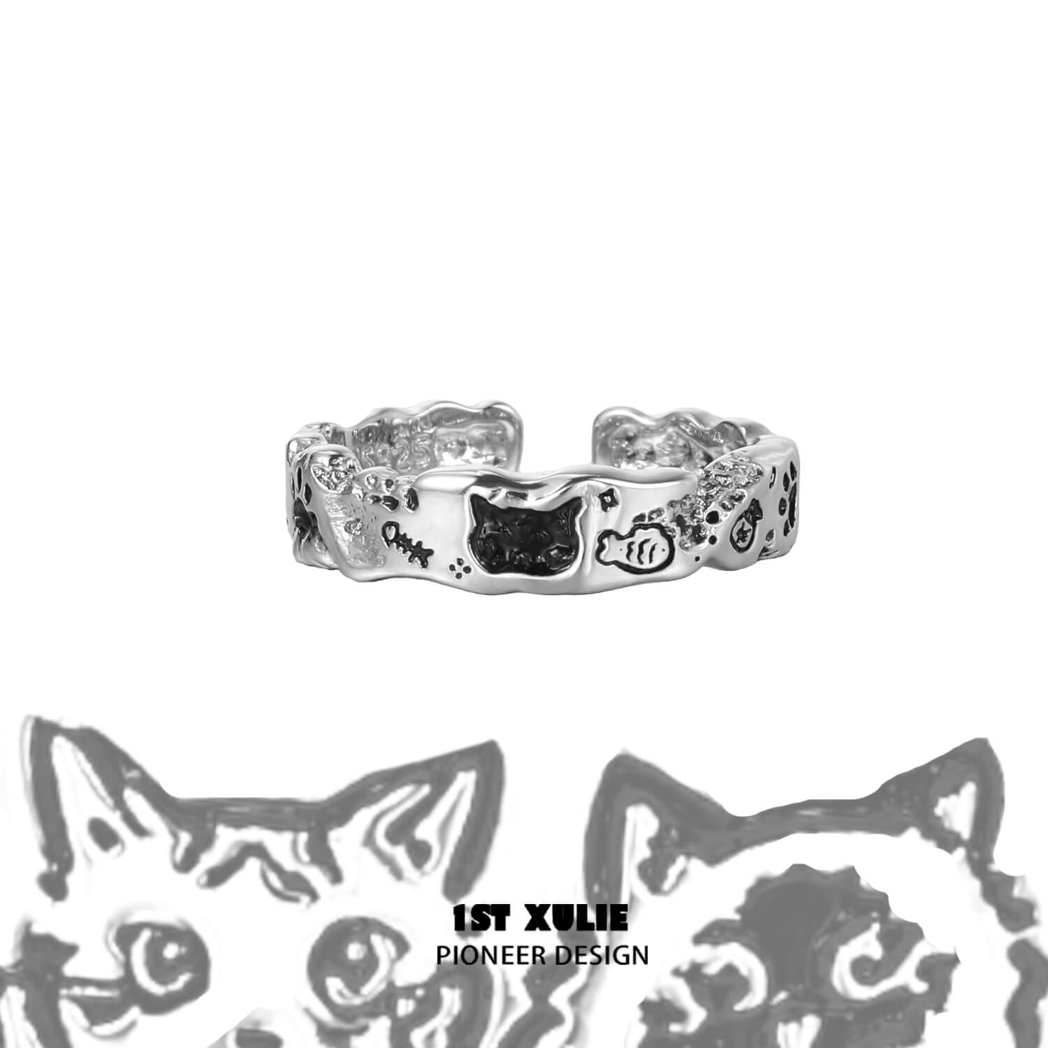 Graffiti Kitten S925 Sterling Silver Cat Carved Rings for Women - Handmade Vintage Boho Jewelry, Perfect Gift for Cat Lovers & Unique Fashion Statement
